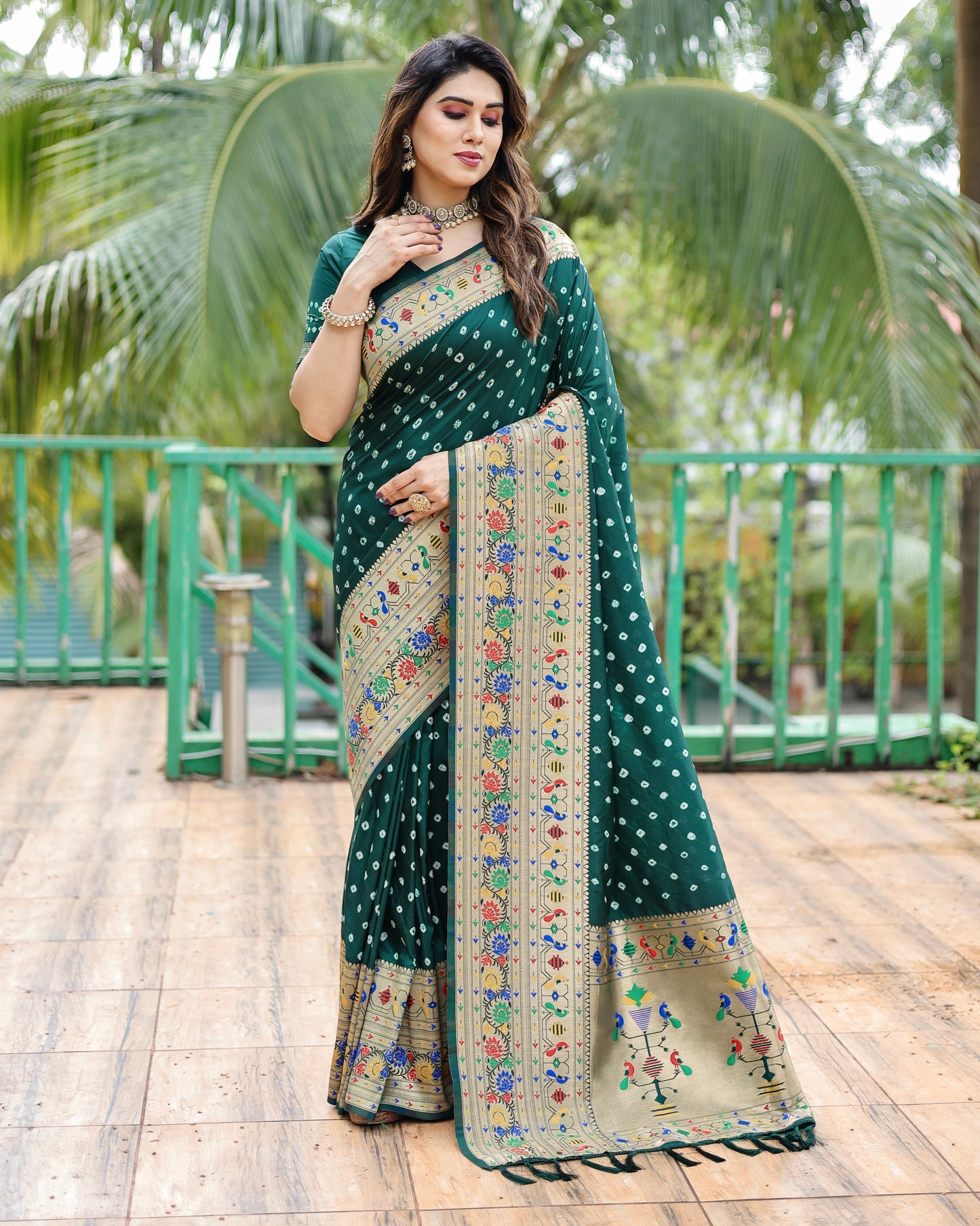 Glorious Paithani Bandhej Green Color Silk Saree