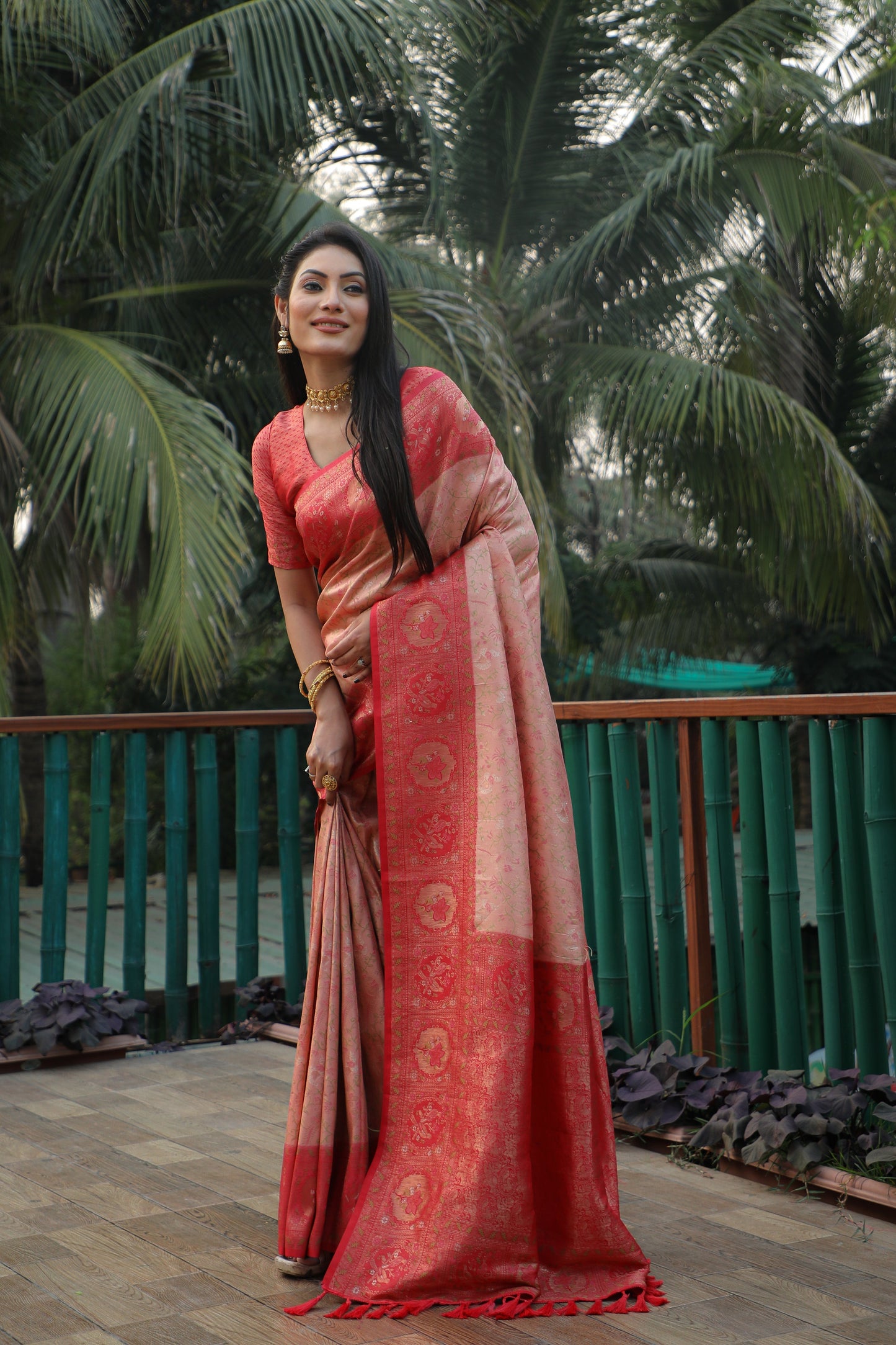 Charming Kanjivaram Peach & Red Color Soft Silk Saree