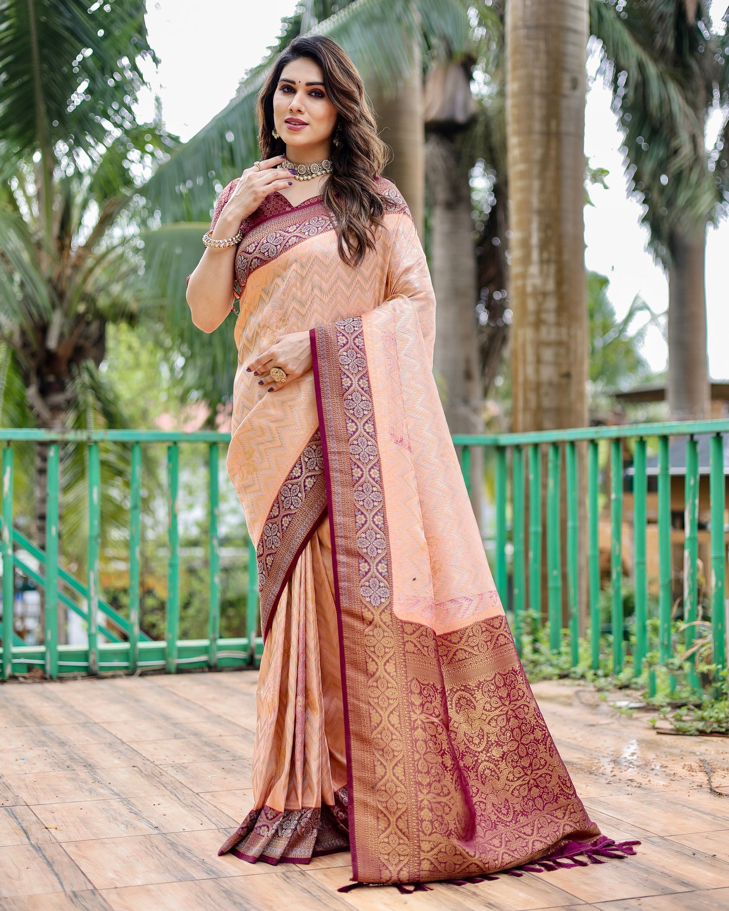 Imposing Kanjivaram Leheriya Peach Color Silk Saree