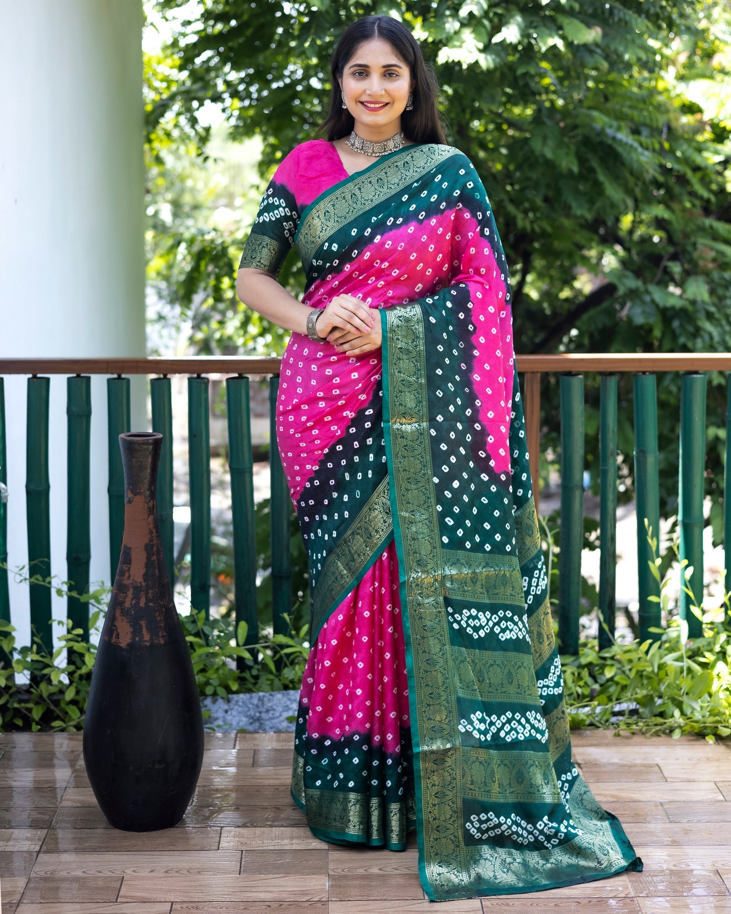 Stylish Bandhej Silk Bandhani Border Pink Color Saree