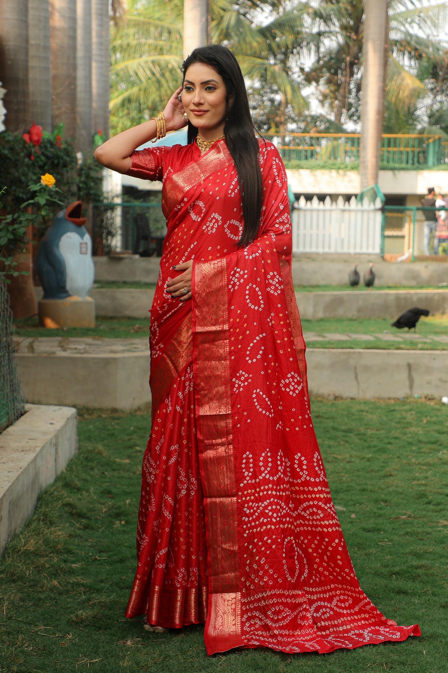 Blissful Kanjivaram Bandhej Red Color Silk Saree