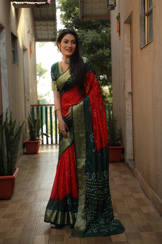 Glimmering Bandhej Red Color Silk Sarees