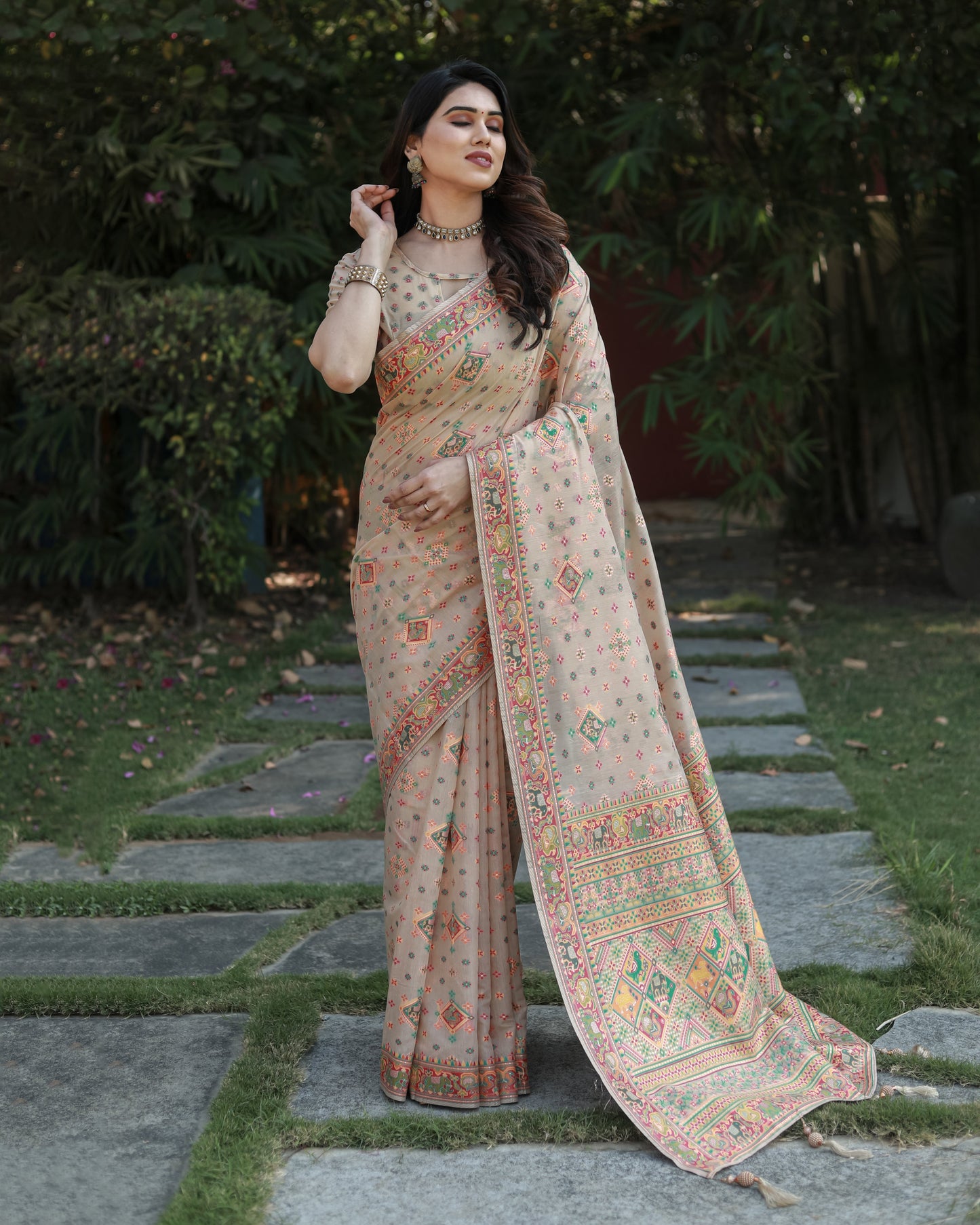 Designer Patola Print Work Soft Cotton Cream Color Women Saree