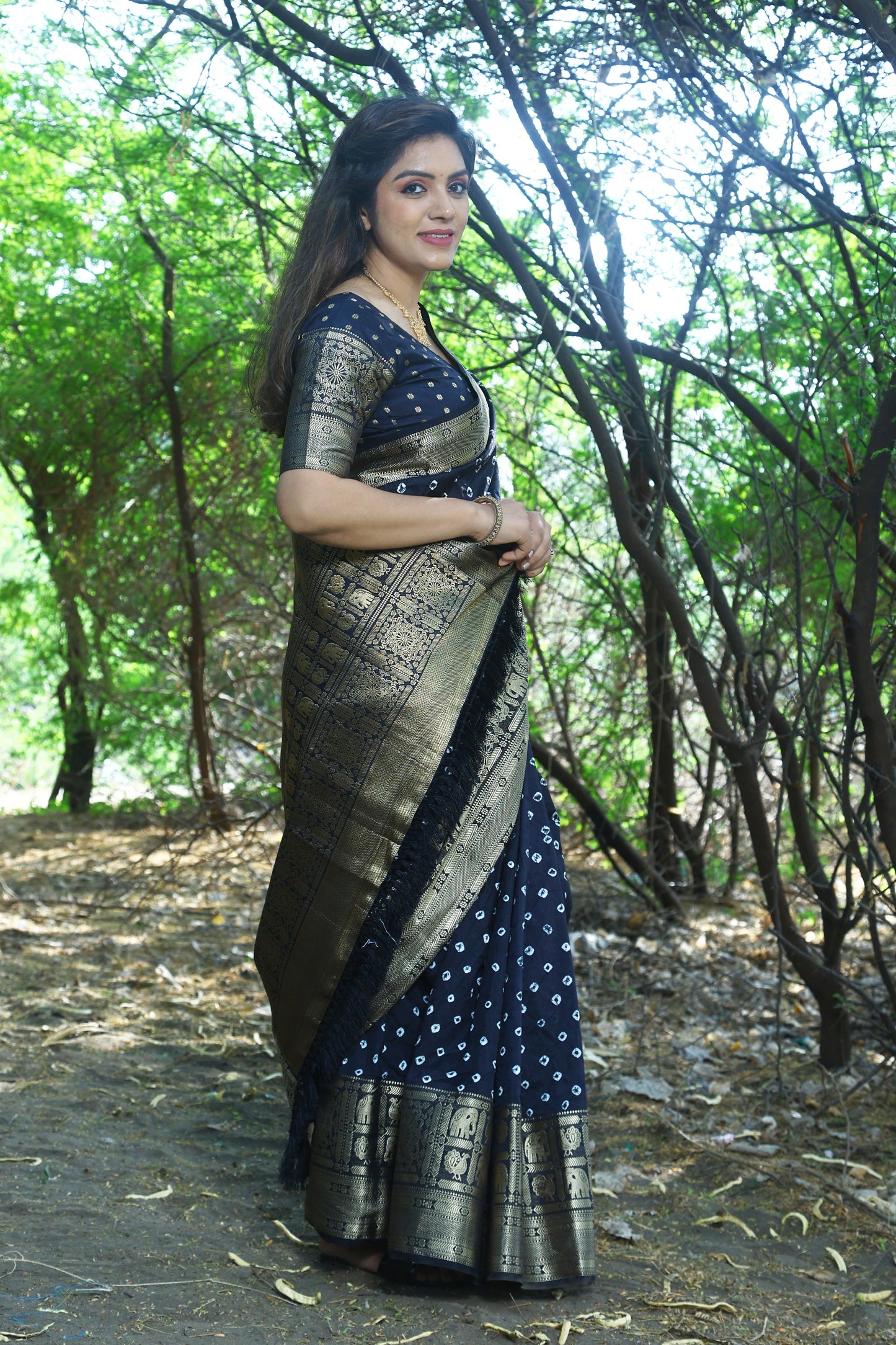 Precious Bandhej Kanjivaram Silk Black Color Saree