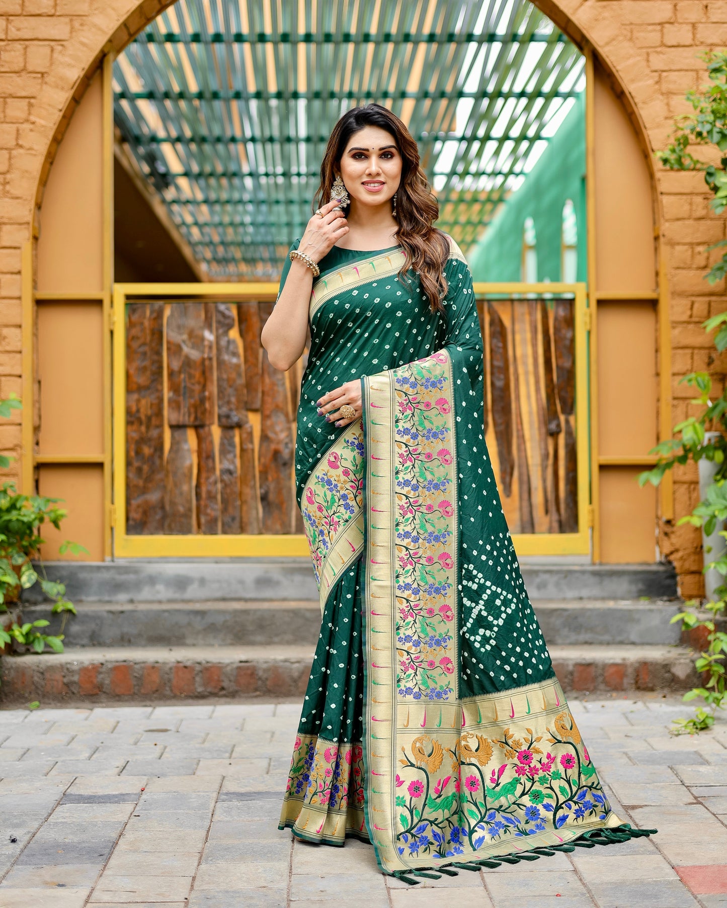 Charming Bandhej Paithani Green Color Silk Saree