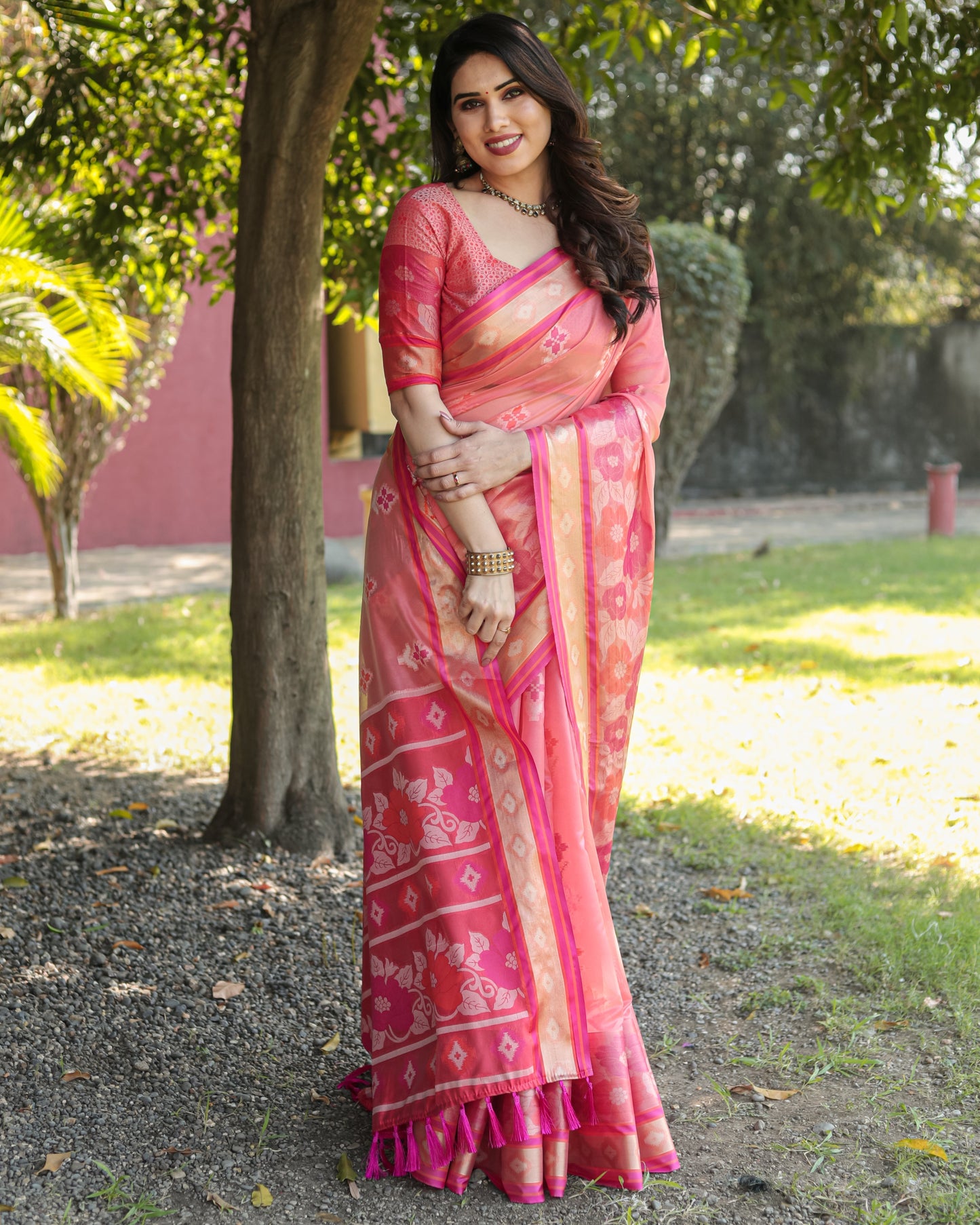 Trendy Organza Pink Color Silk Sarees