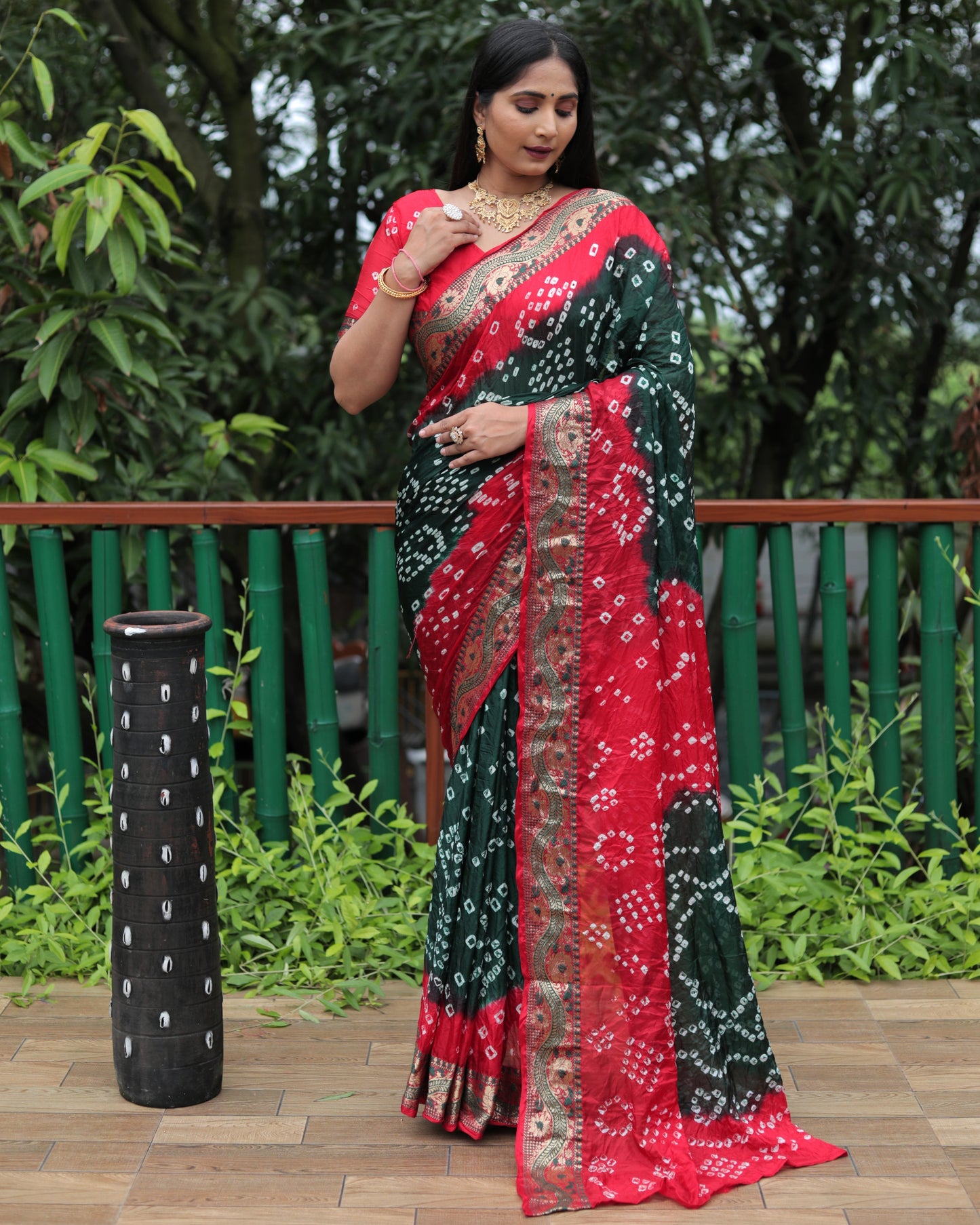 Imposing Bandhej Green Color Soft Silk Saree