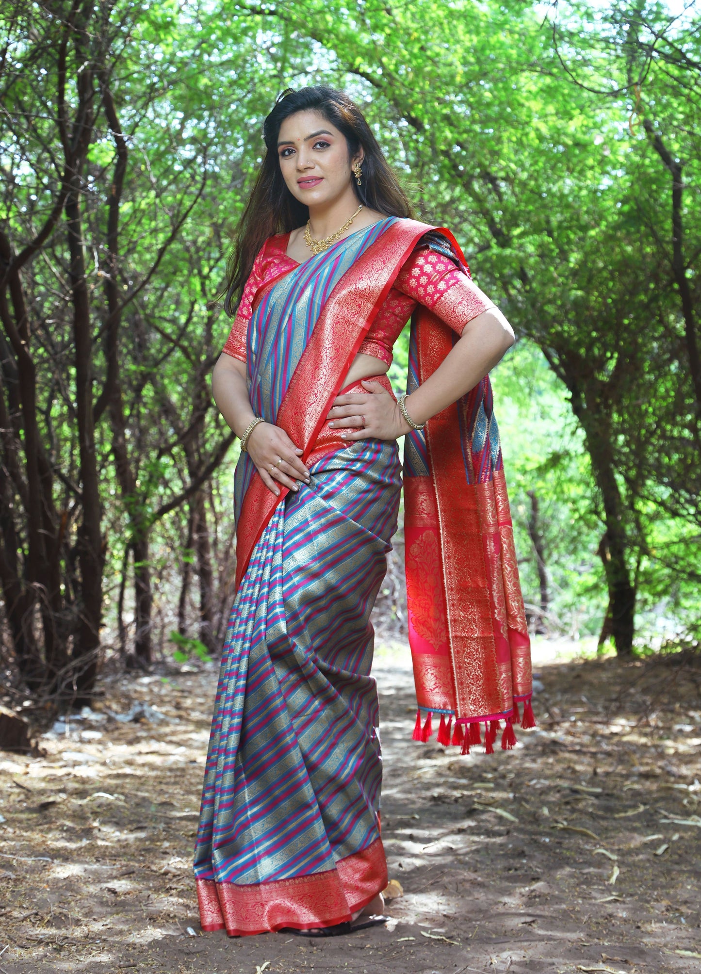 Designer Jaquard Soft Satin Red Sky Silk Saree