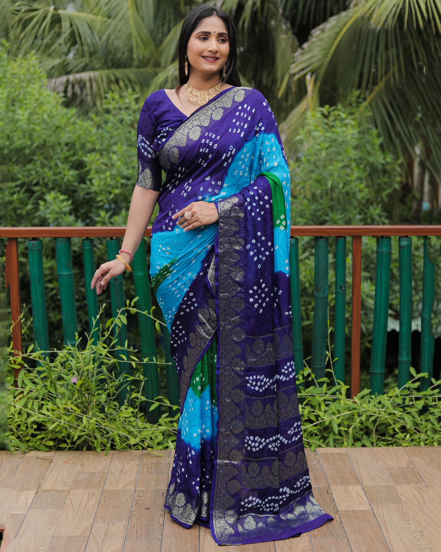 Outstanding Bandhej Sky Blue Color Silk Saree