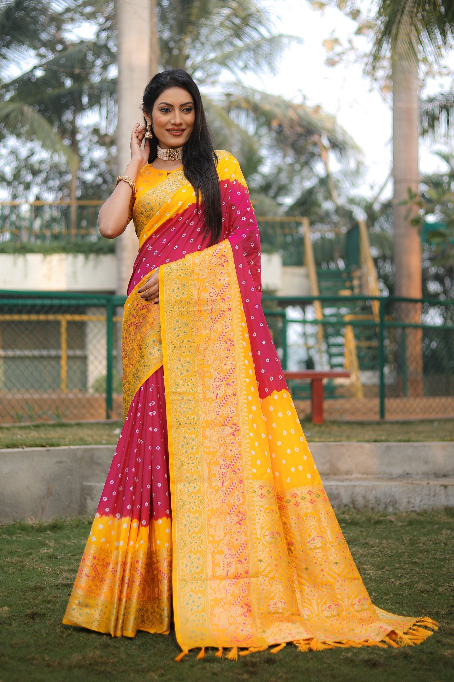 Fabulous Bandhej Kanjivaram Pink & Yellow Color Silk Saree