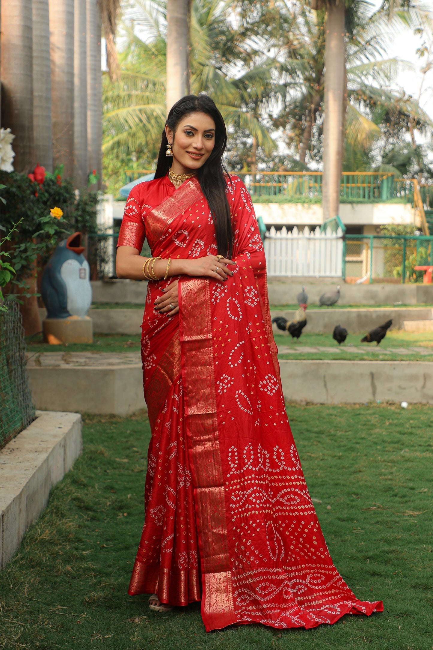 Blissful Kanjivaram Bandhej Red Color Silk Saree