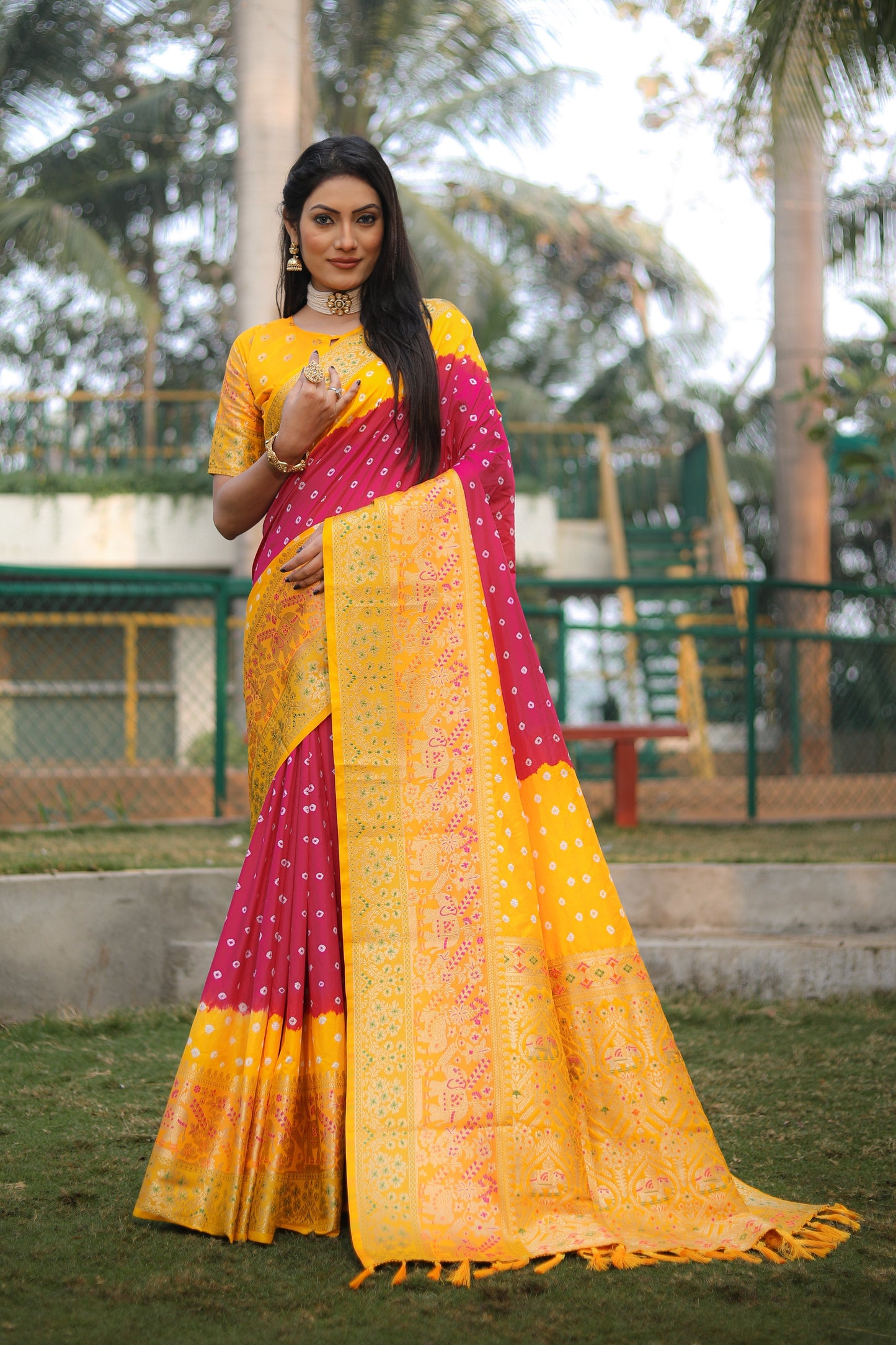 Fabulous Bandhej Kanjivaram Pink & Yellow Color Silk Saree