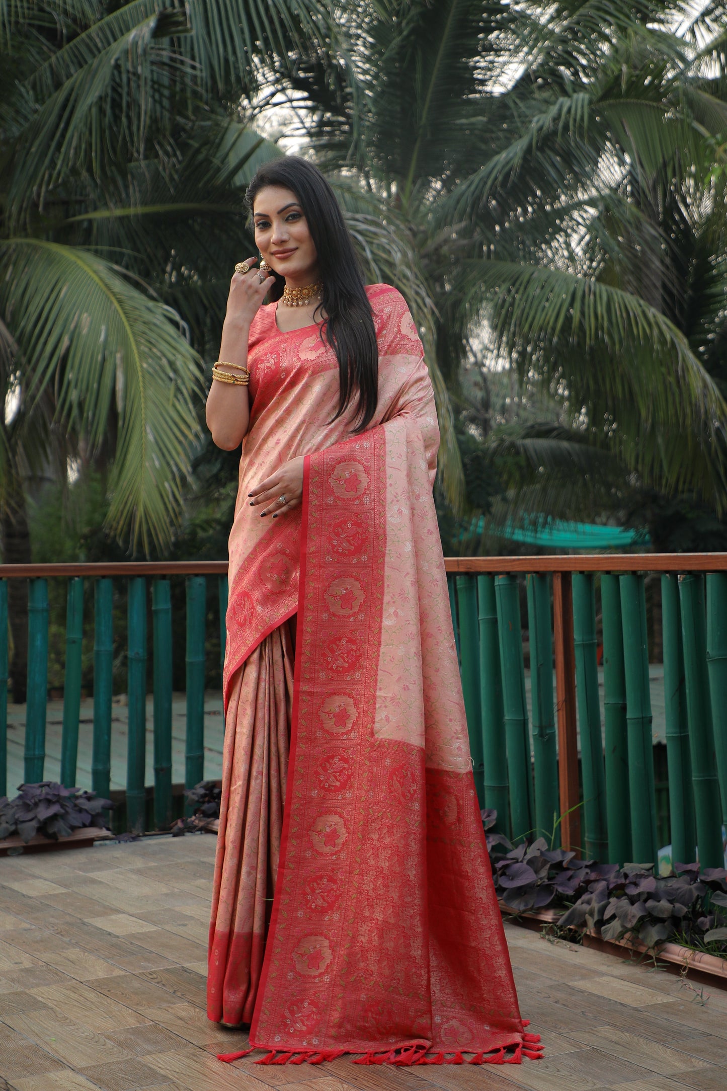 Charming Kanjivaram Peach & Red Color Soft Silk Saree