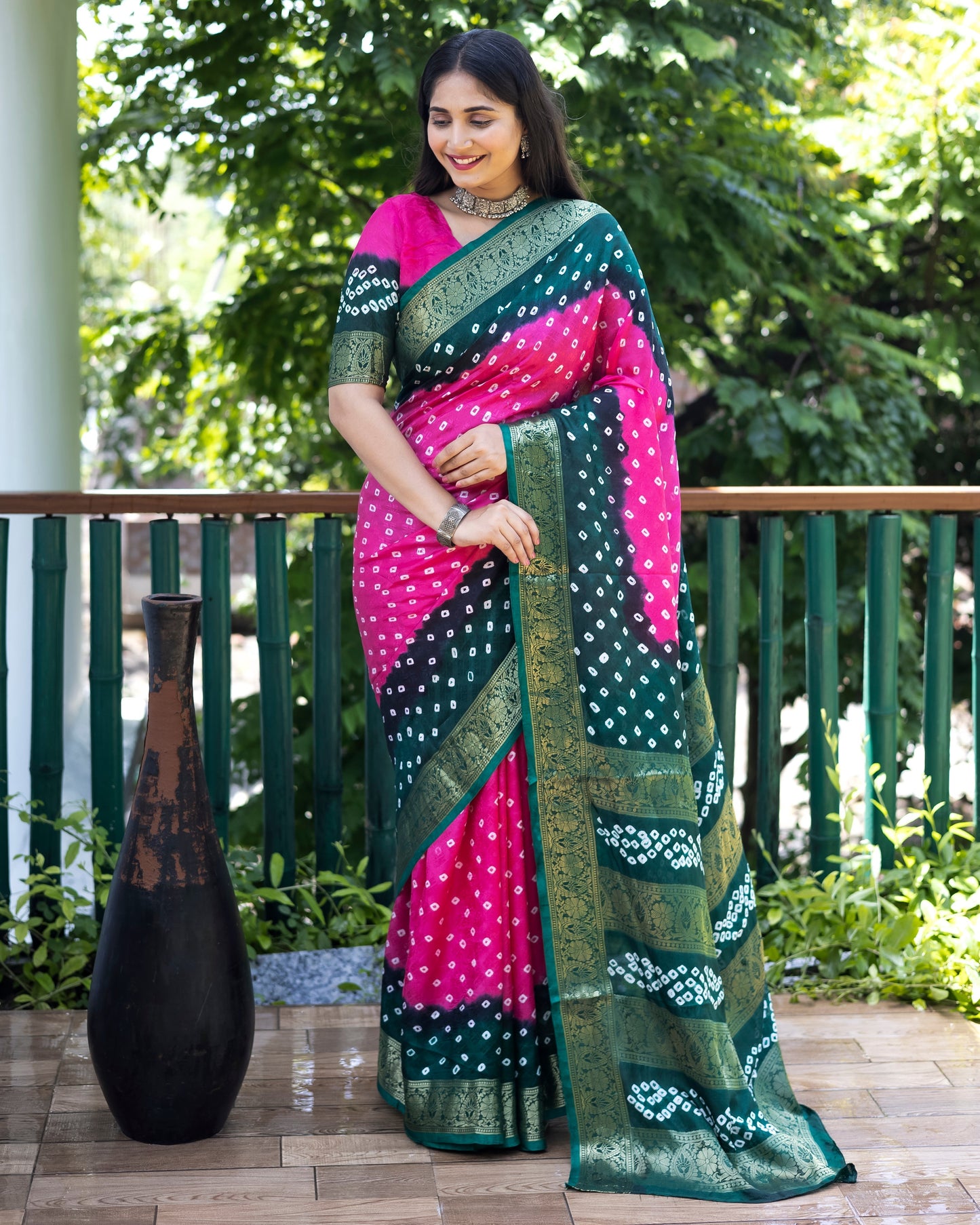 Stylish Bandhej Silk Bandhani Border Pink Color Saree