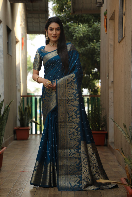 Attractive Bandhej Kanjivaram Navy Blue Color Silk Saree