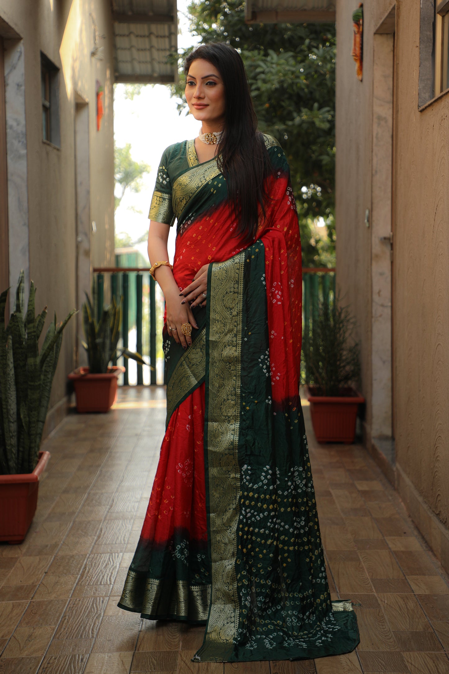 Glimmering Bandhej Red Color Silk Sarees