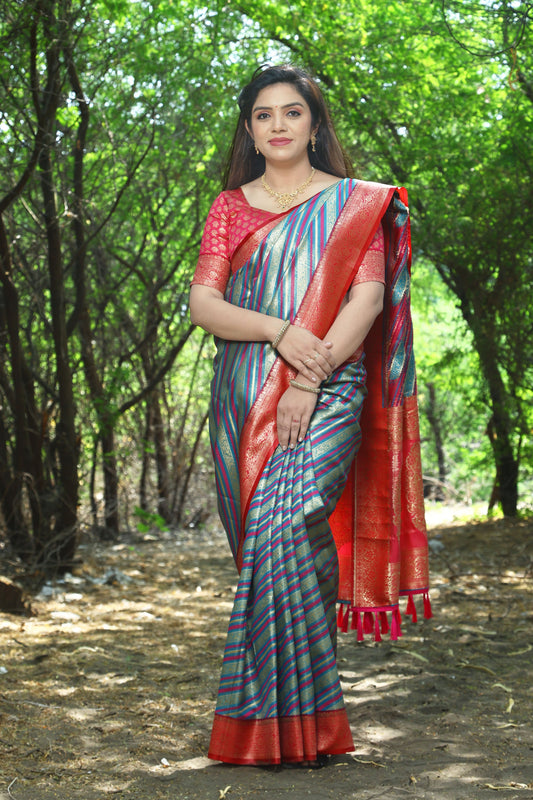 Designer Jaquard Soft Satin Red Sky Silk Saree