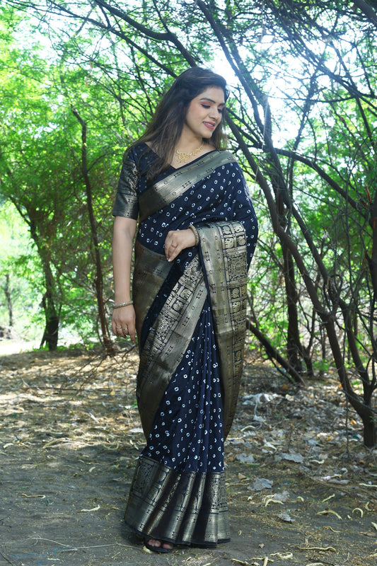 Precious Bandhej Kanjivaram Silk Black Color Saree