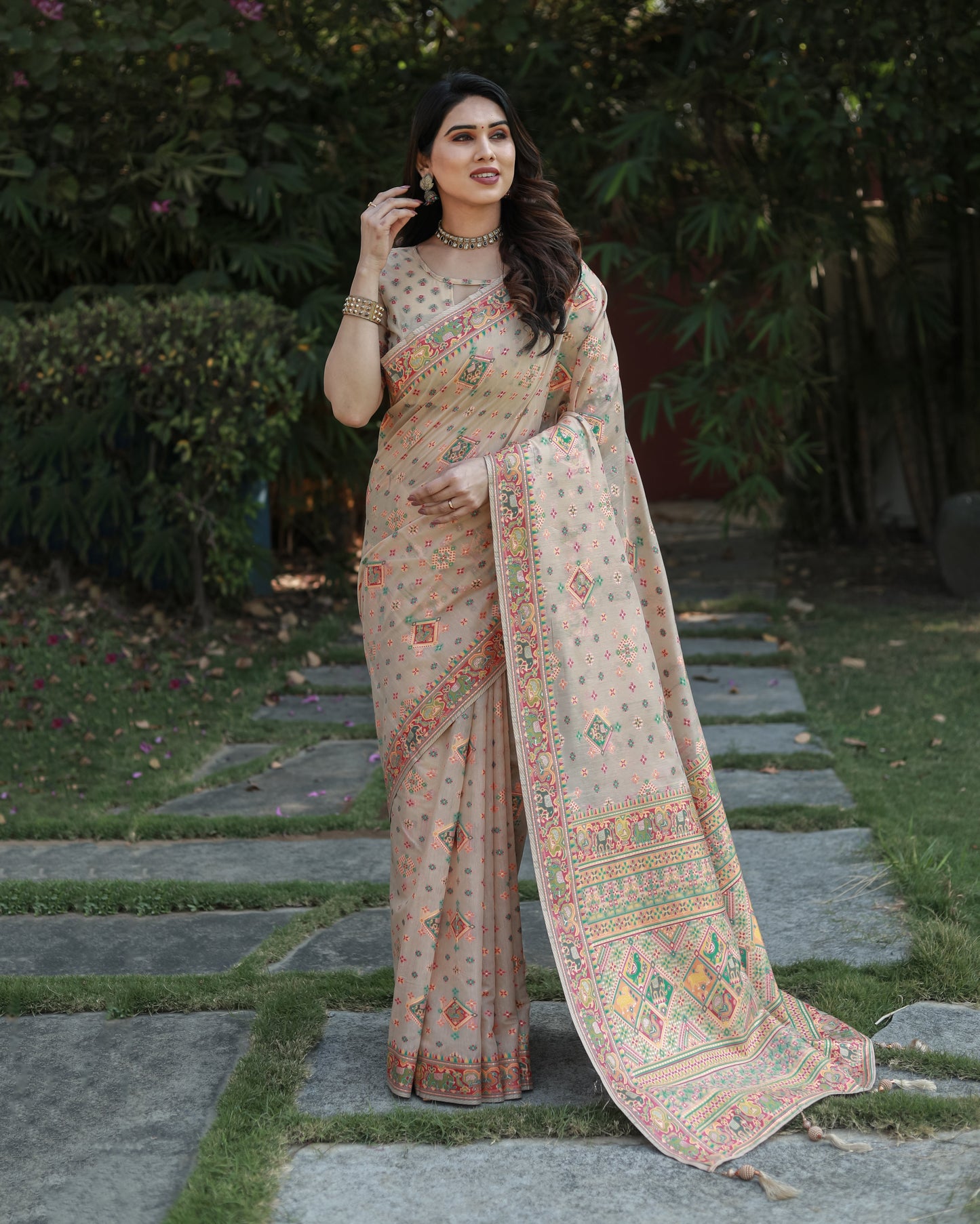 Designer Patola Print Work Soft Cotton Cream Color Women Saree