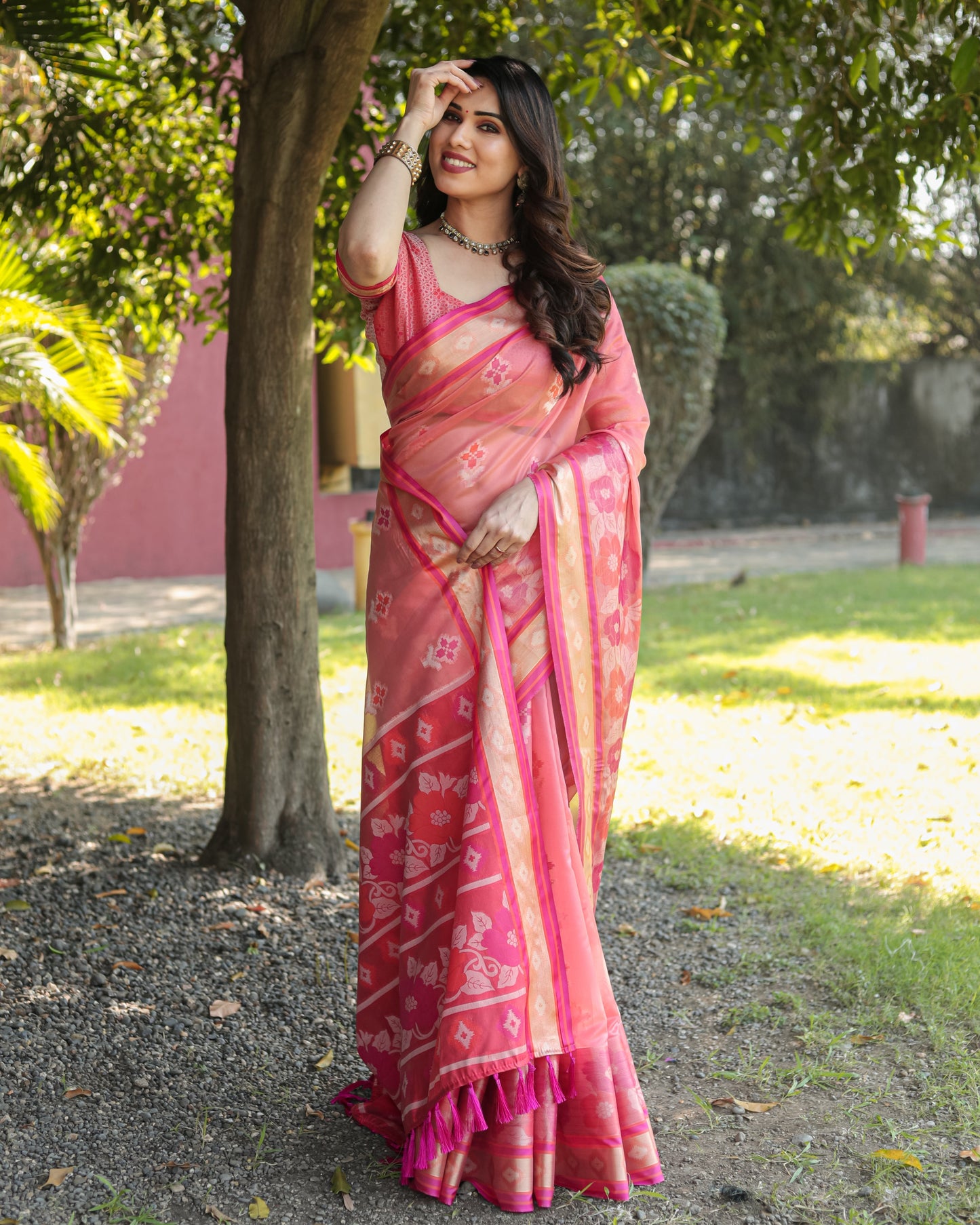 Trendy Organza Pink Color Silk Sarees