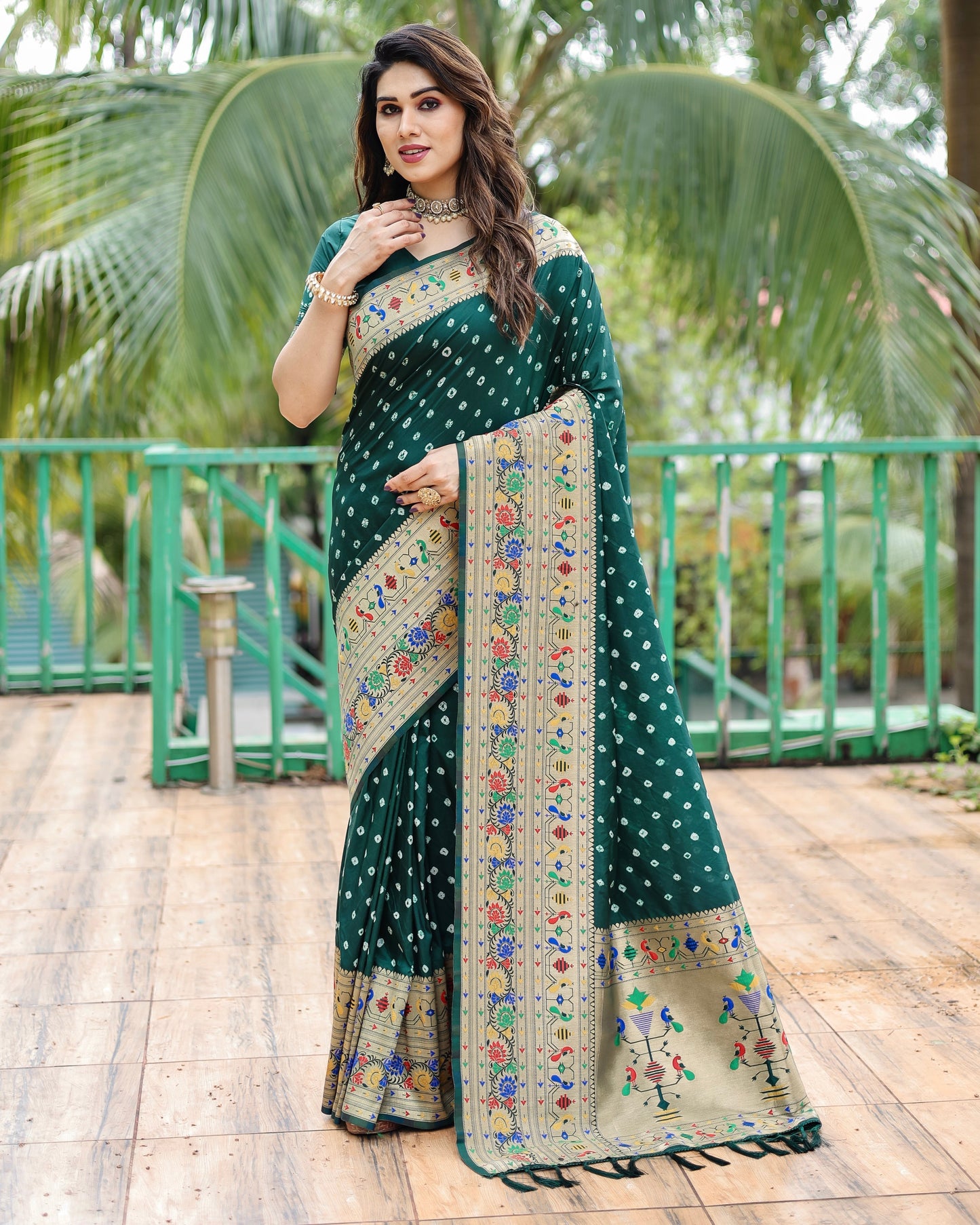 Glorious Paithani Bandhej Green Color Silk Saree