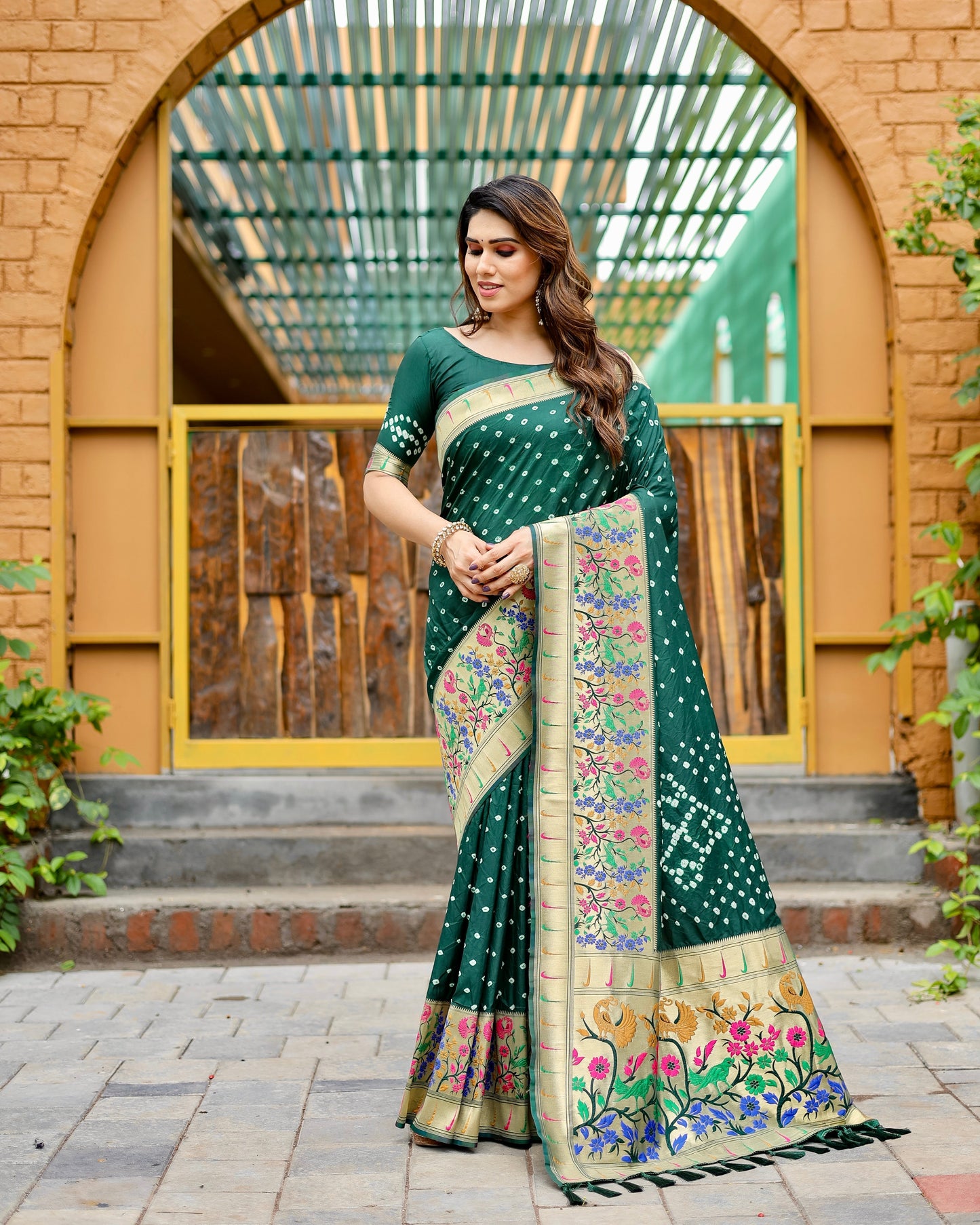 Charming Bandhej Paithani Green Color Silk Saree