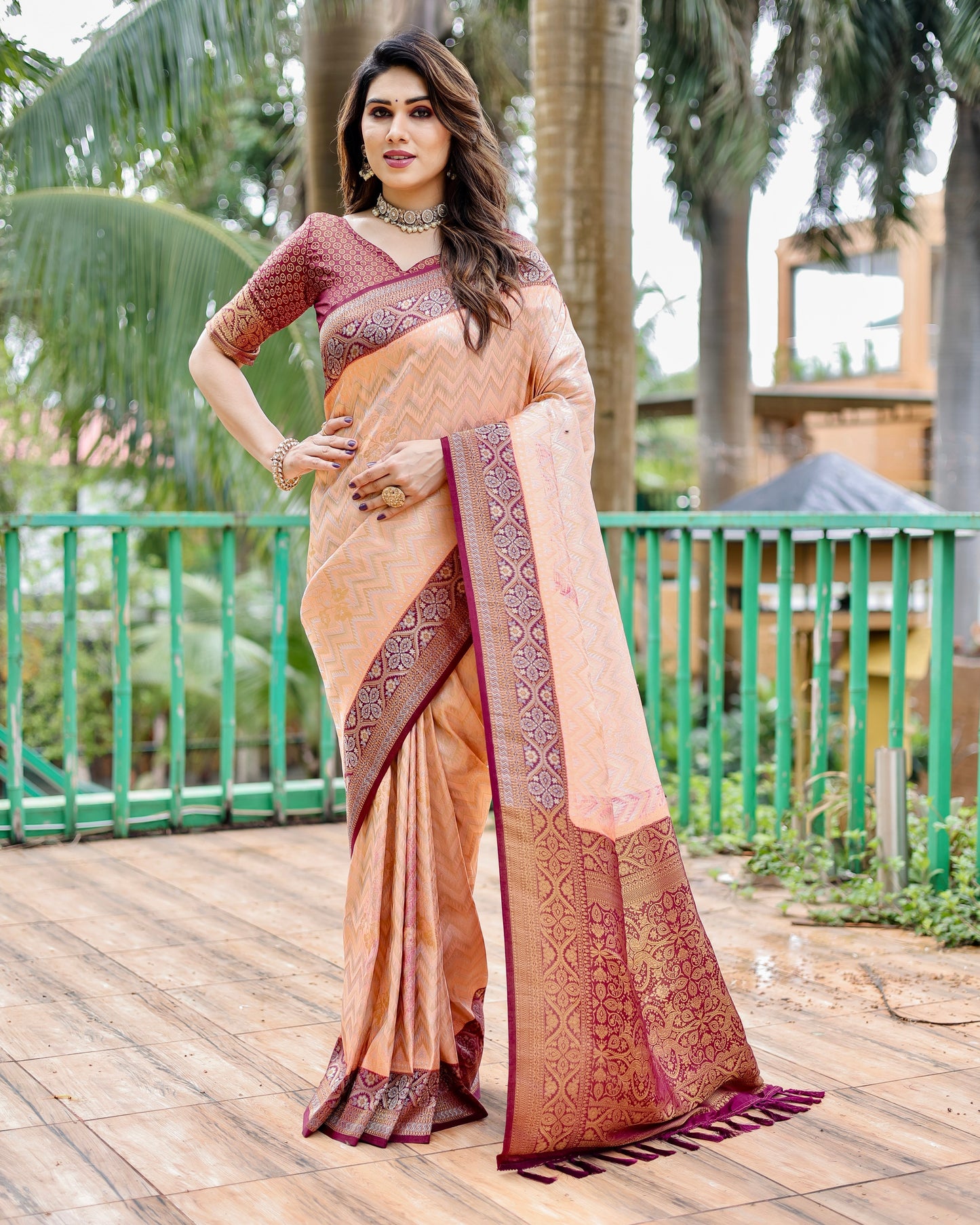 Imposing Kanjivaram Leheriya Peach Color Silk Saree