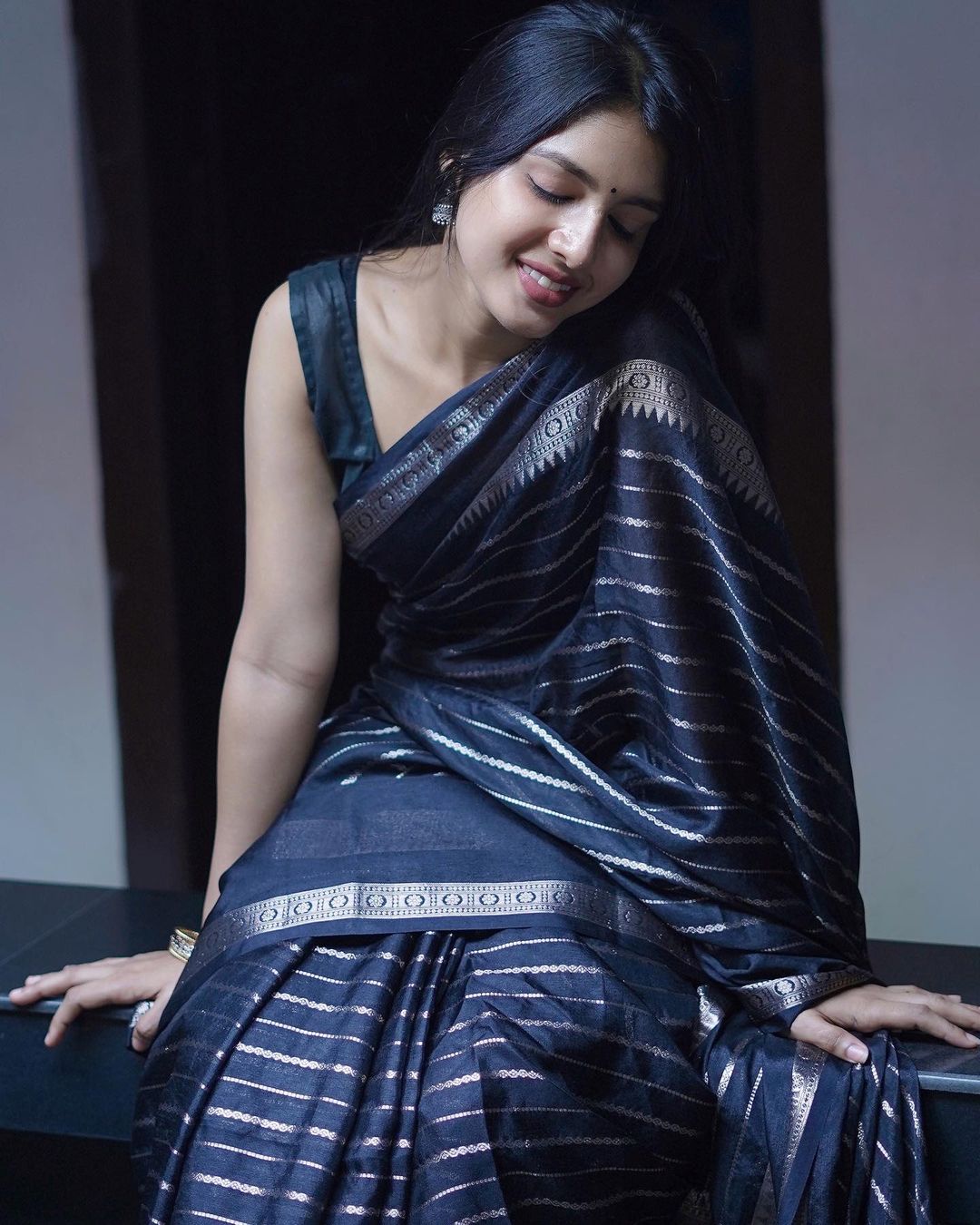 Reception Wear Jacquard Navy Blue Color Silk Saree