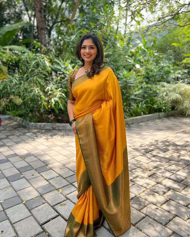 Awesome Zari Weaving Yellow Color Silk Saree