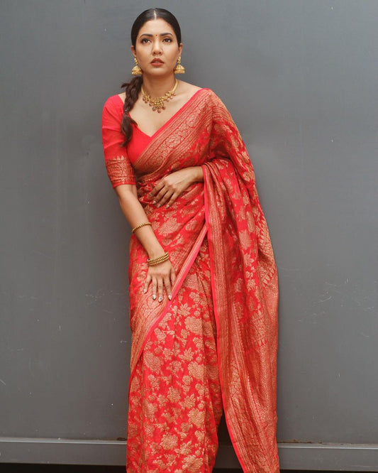 Flattering  Zari Weaving Red Color Silk Saree