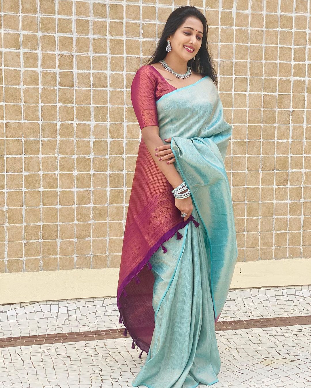 Blissful Zari Weaving Firoz Color Silk Saree