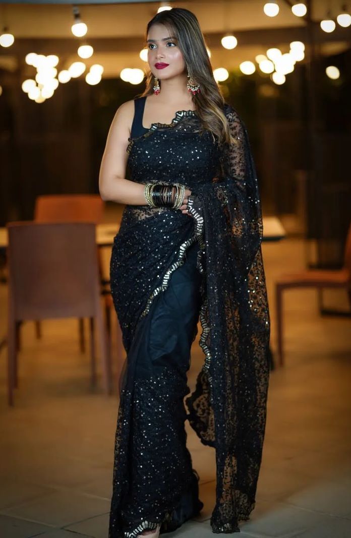 Fantastic Sequence Soft Net Black Color Saree