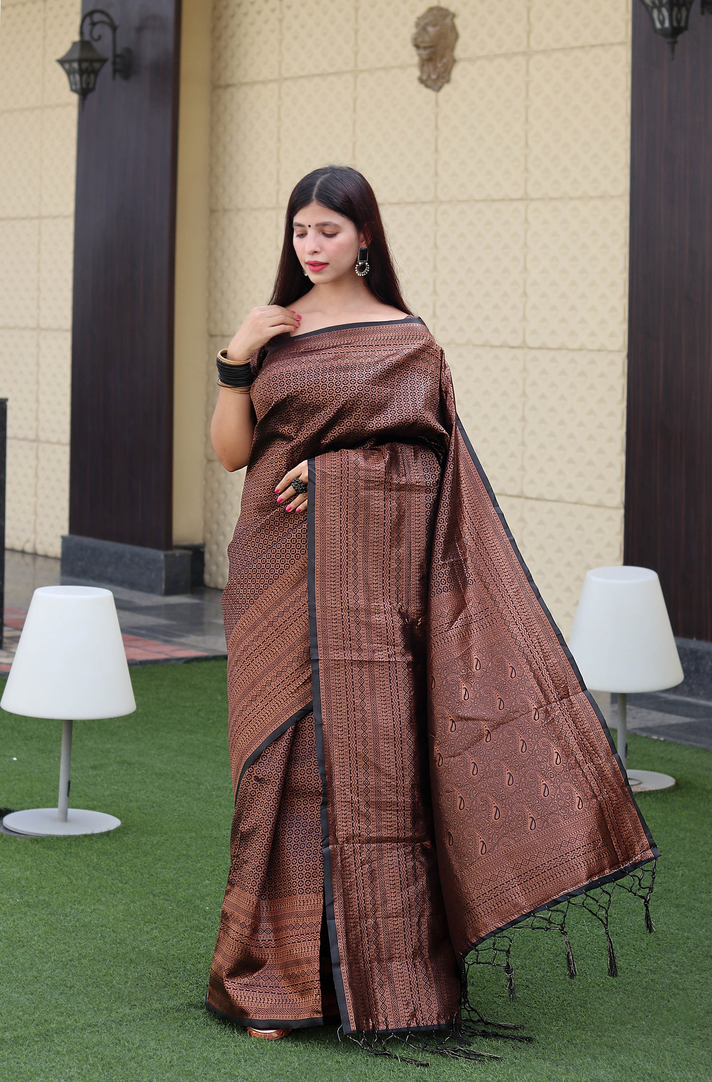 Outstanding Jacquard Brown Color Soft Silk Saree