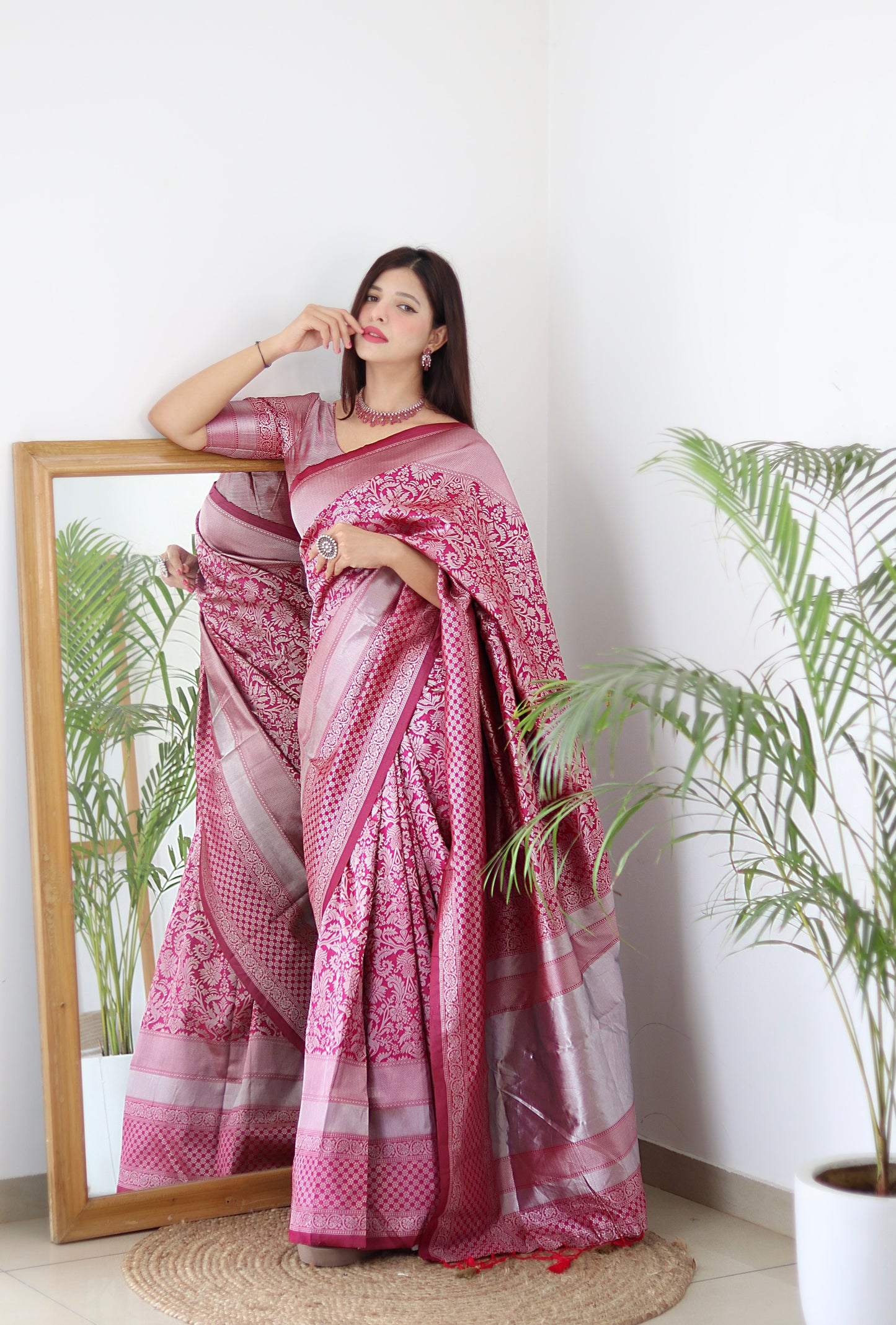 Fashionable Pink Color Jacquard Work Silk Saree