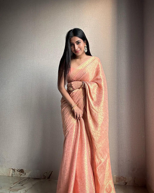 Flattering  Jacquard Peach Color Silk Saree