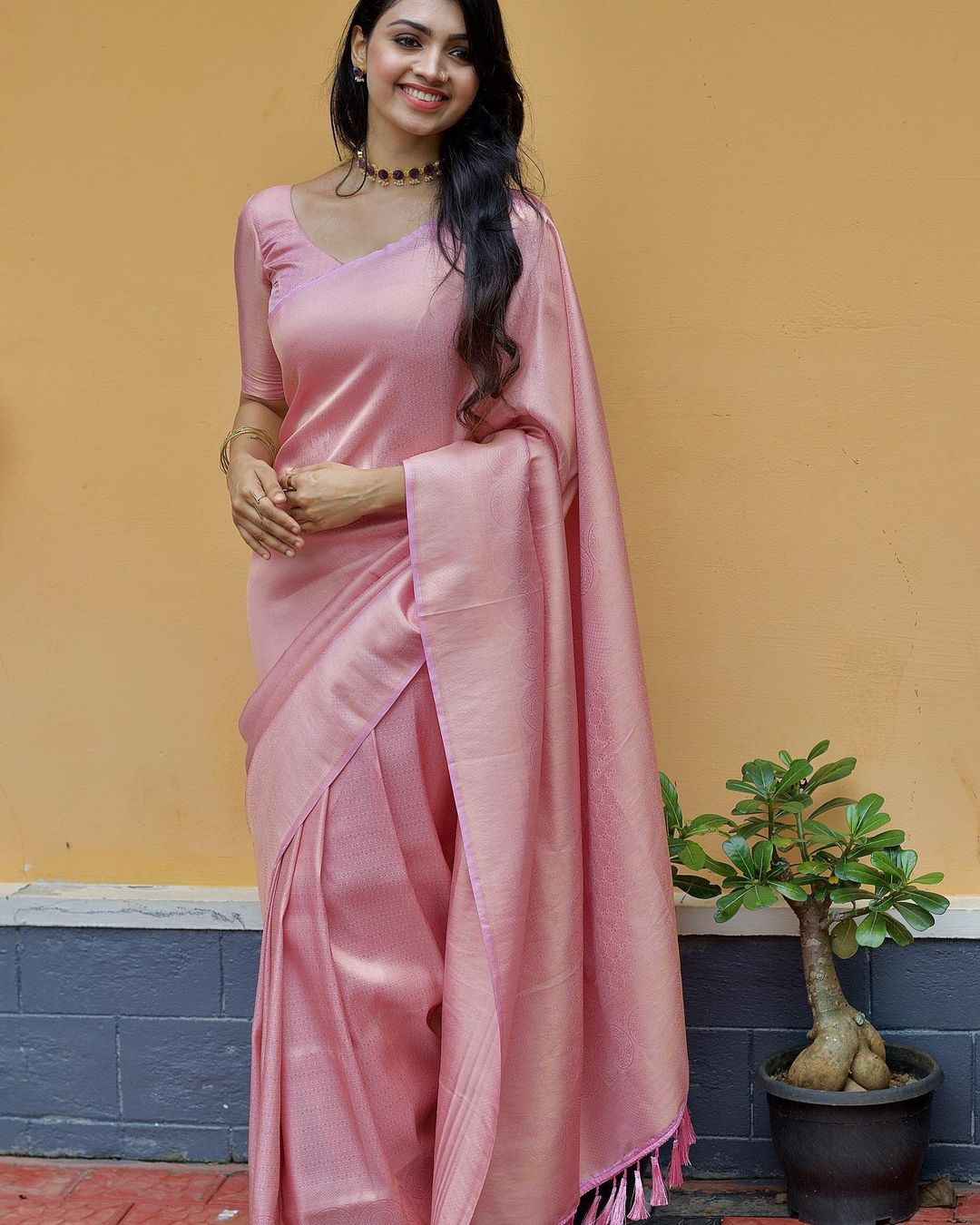 Awesome Zari Weaving Peach Color Silk Saree