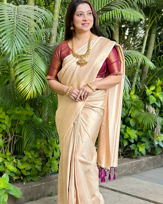 Wedding Wear Jacquard Cream Color Silk Saree