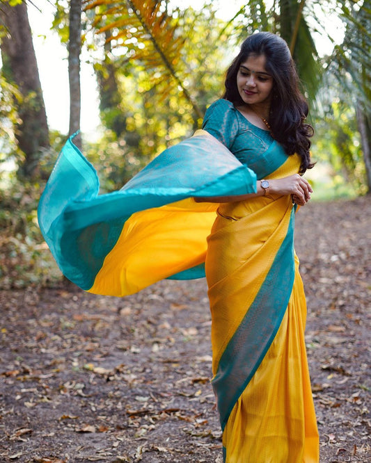 Wedding Wear Jacquard Yellow Color Silk Saree