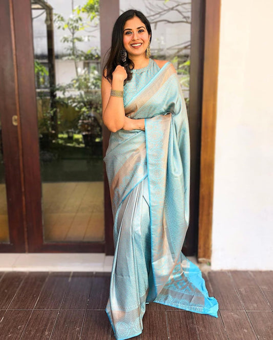 Fashionable Jacquard Zari Weaving Sky Blue Color Saree