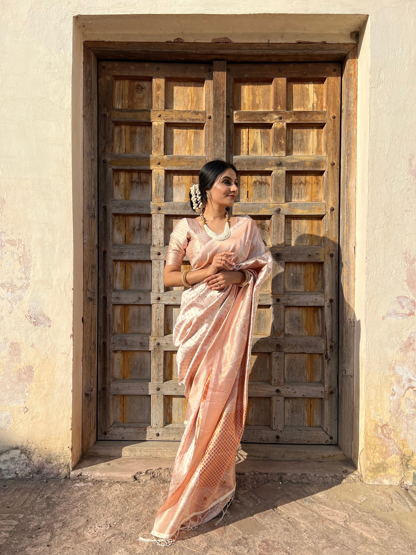 Ceremony Wear Peach Color Jacquard Silk Saree