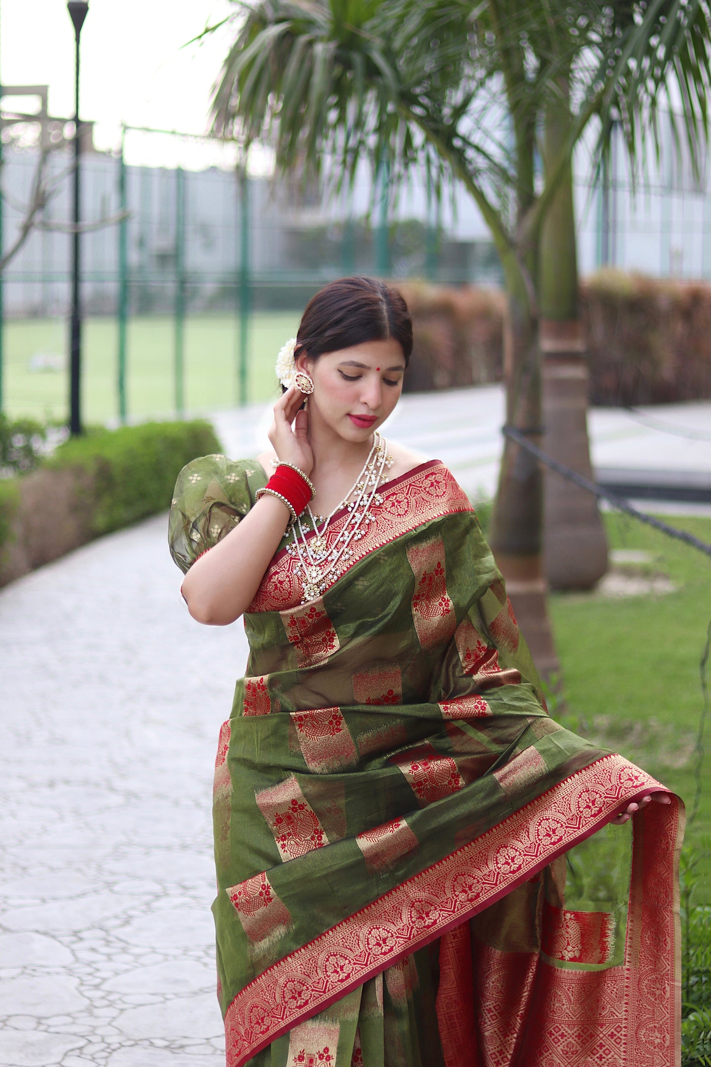 Marvelous Jaquard Work Mehndi Wear Green Color Silk Saree