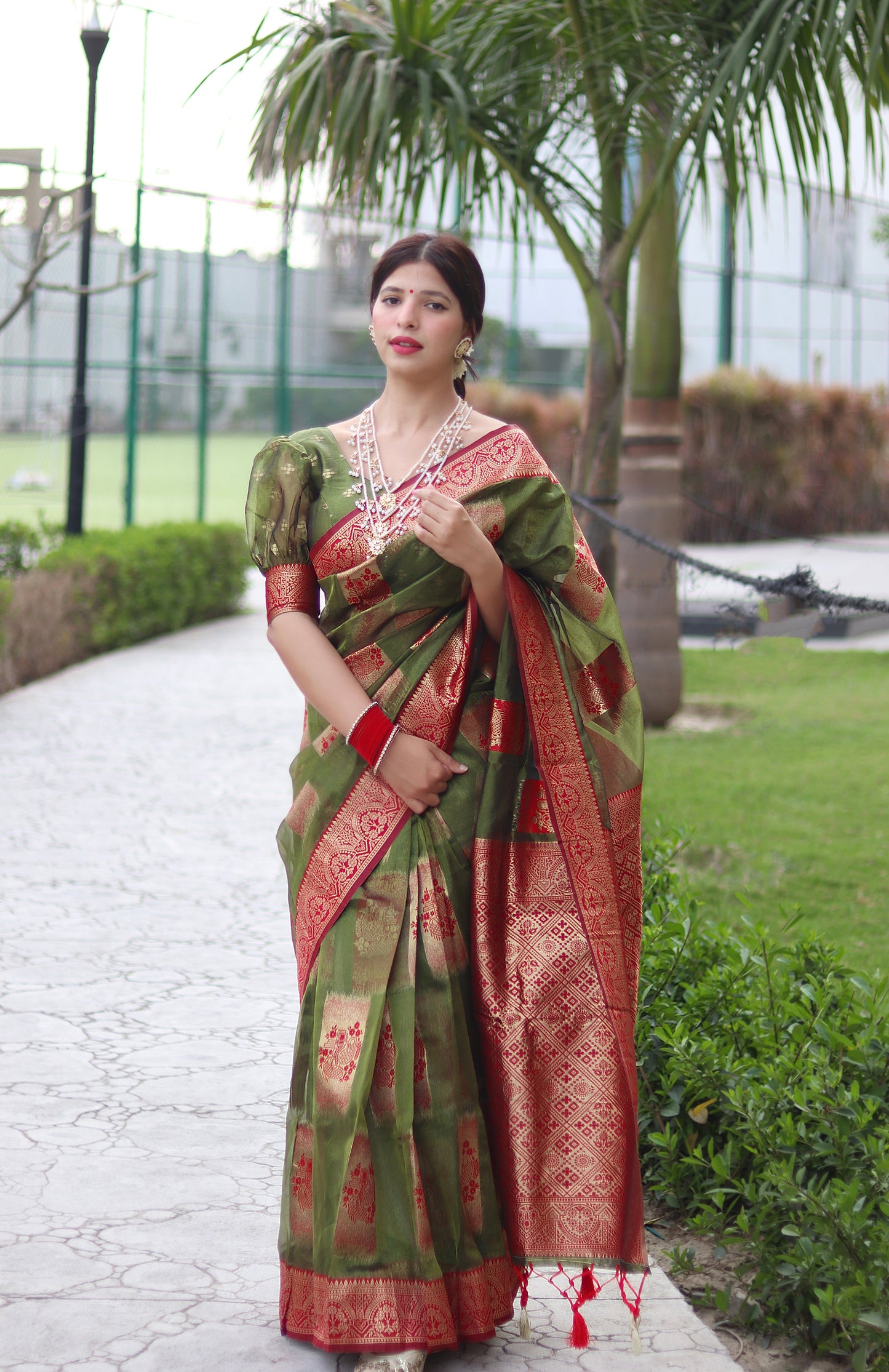 Marvelous Jaquard Work Mehndi Wear Green Color Silk Saree