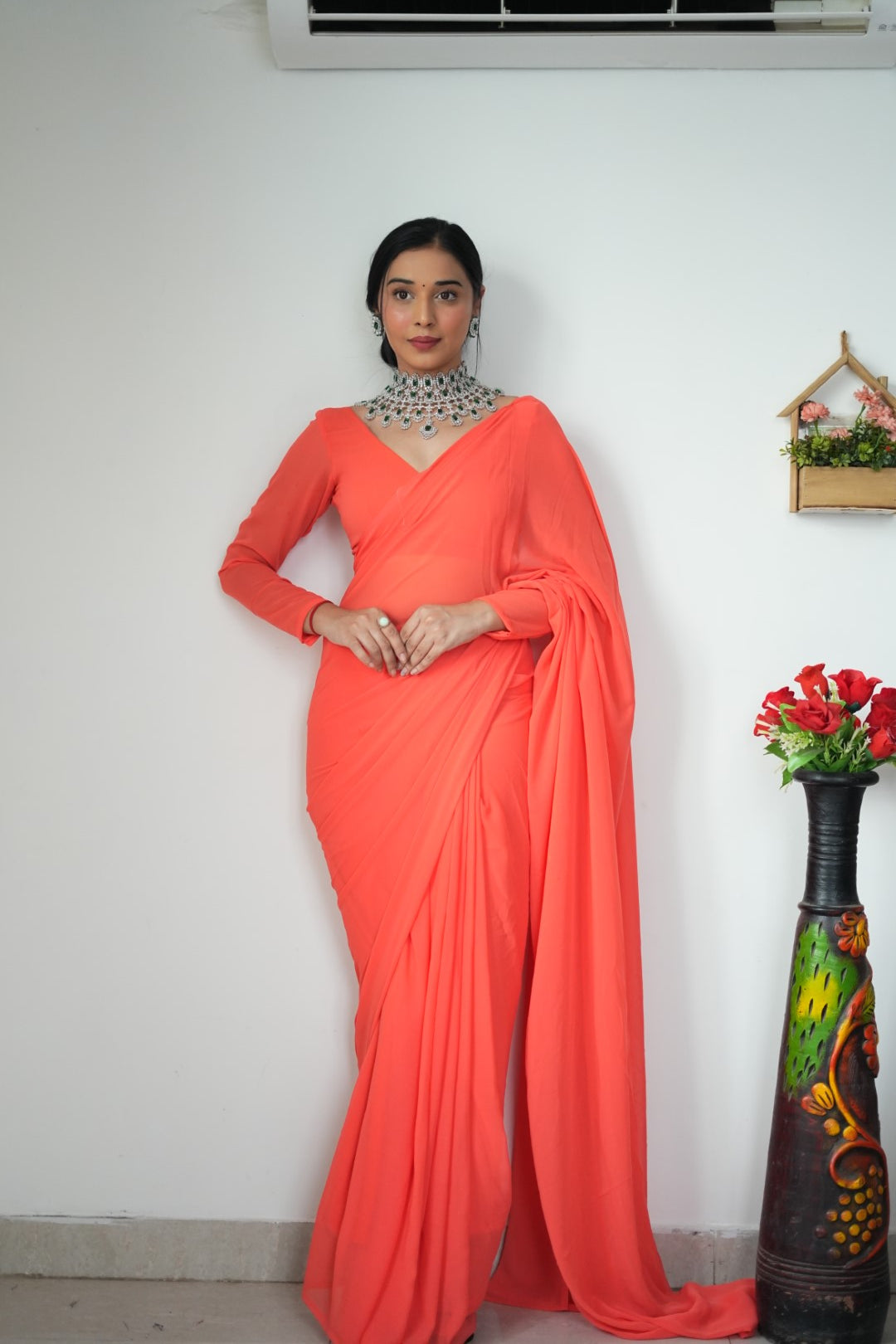 Stylish Georgette Orange Color Ready To Wear Saree