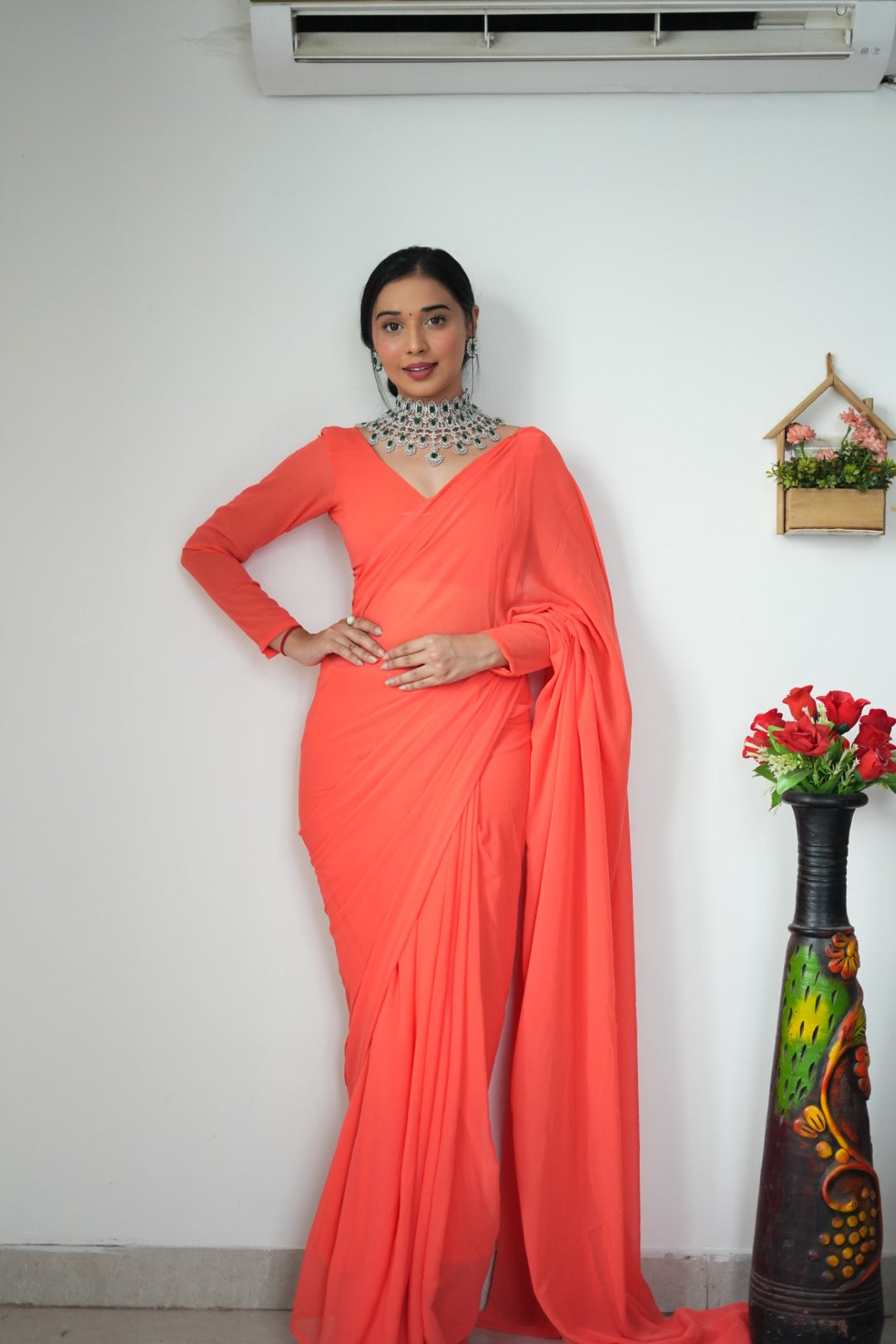 Stylish Georgette Orange Color Ready To Wear Saree