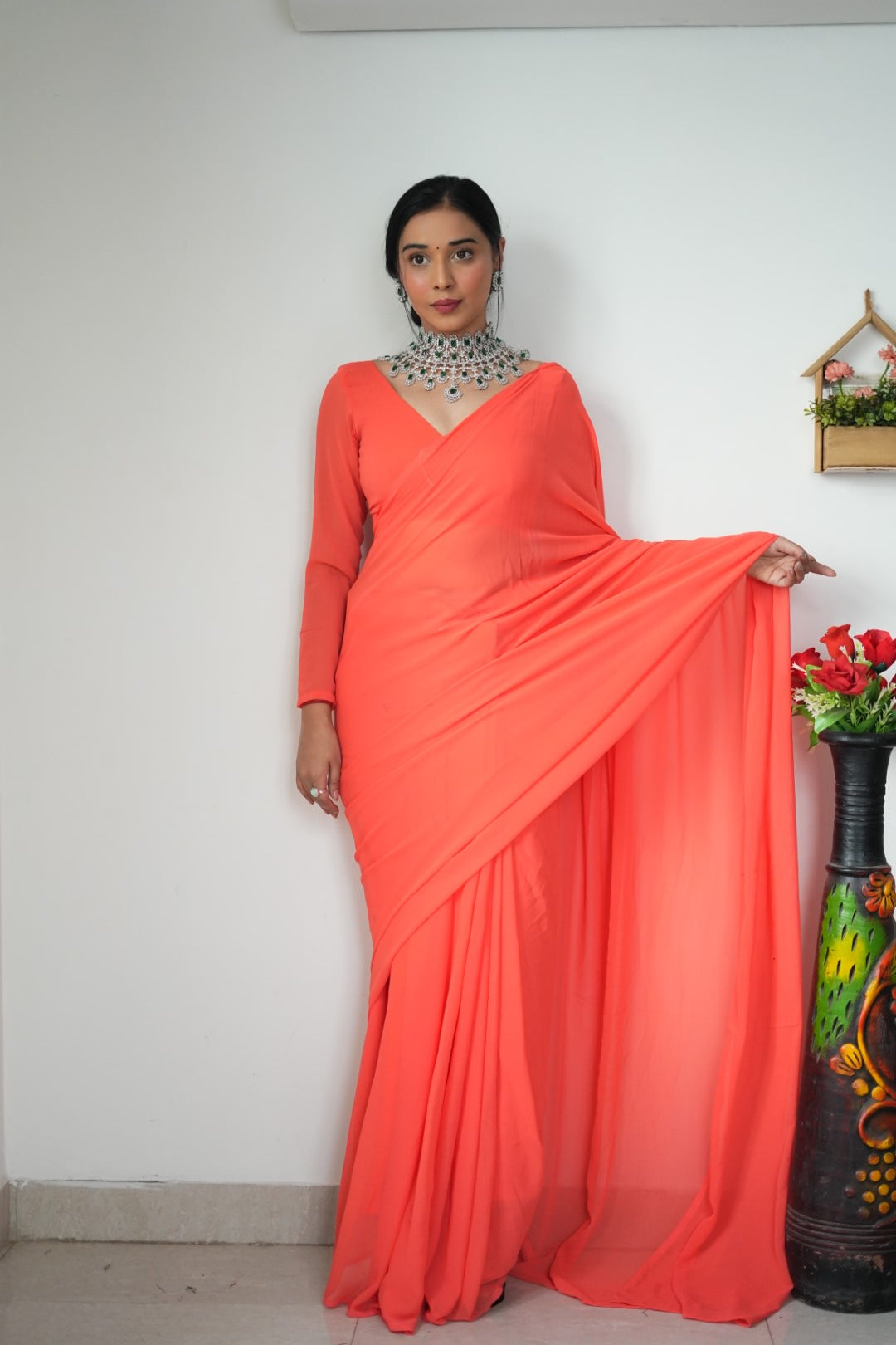 Stylish Georgette Orange Color Ready To Wear Saree