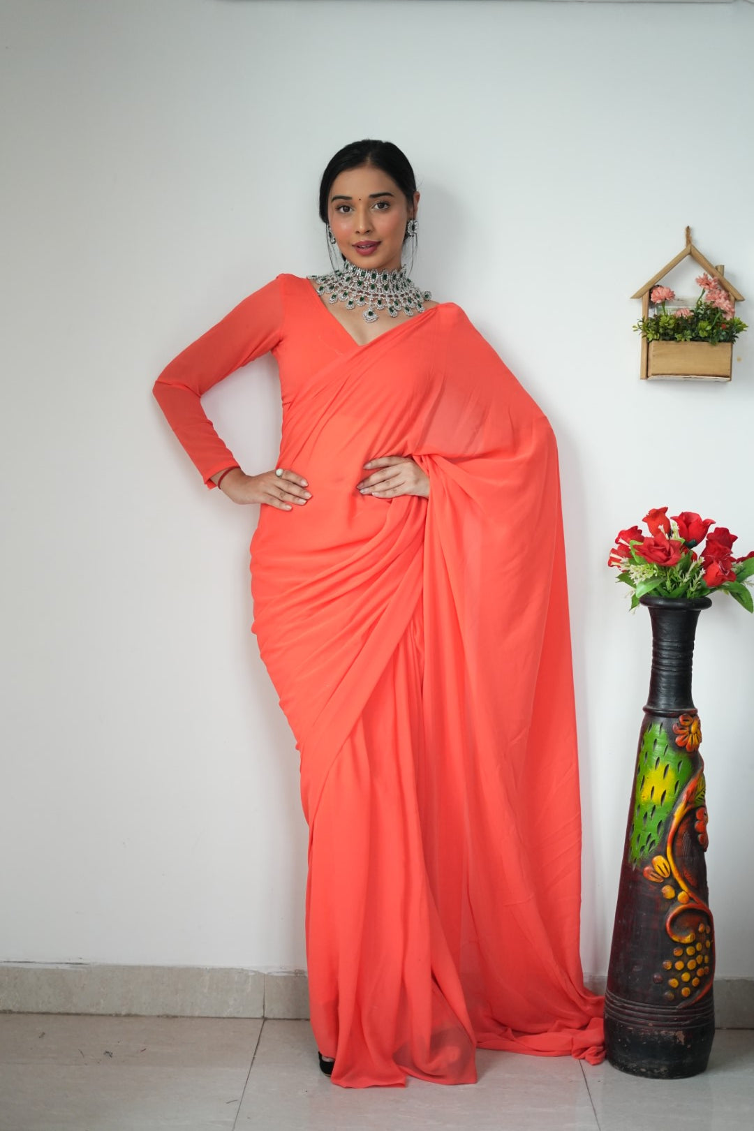 Stylish Georgette Orange Color Ready To Wear Saree