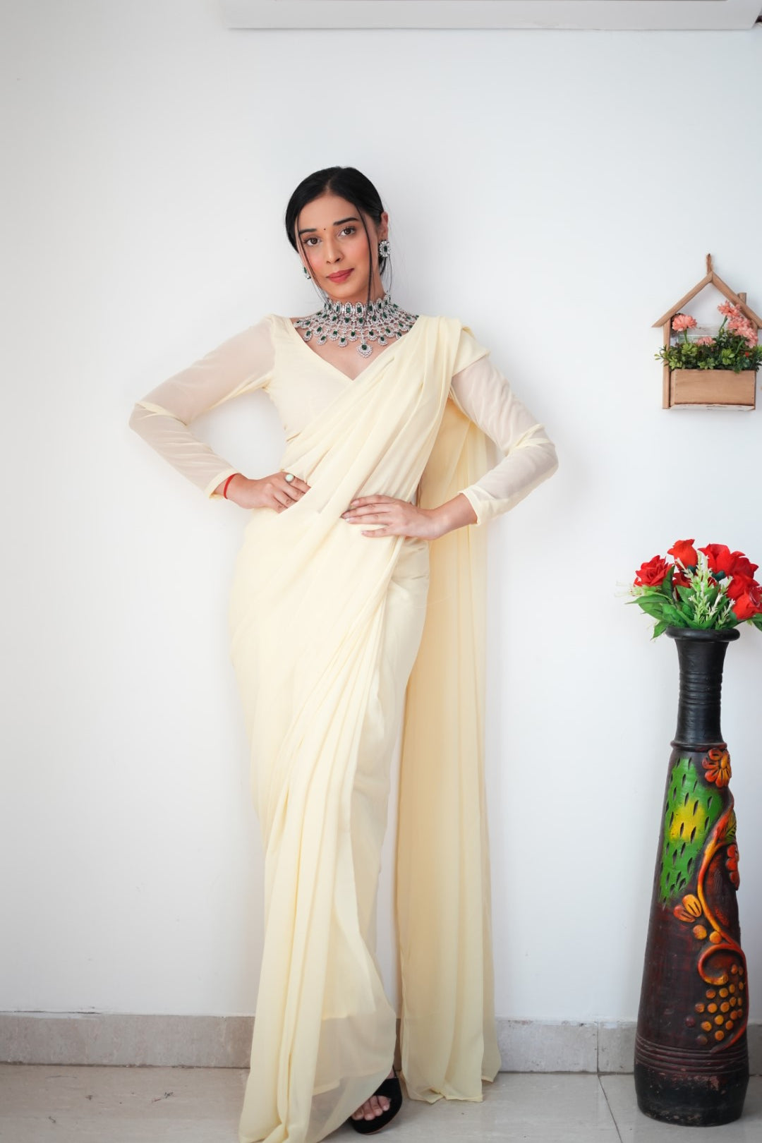 Stylish Georgette White Color Ready To Wear Saree