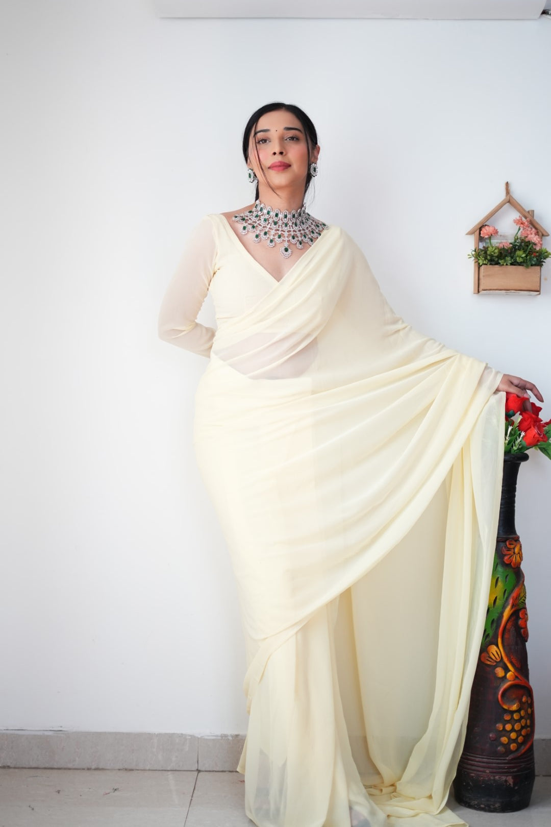 Stylish Georgette White Color Ready To Wear Saree