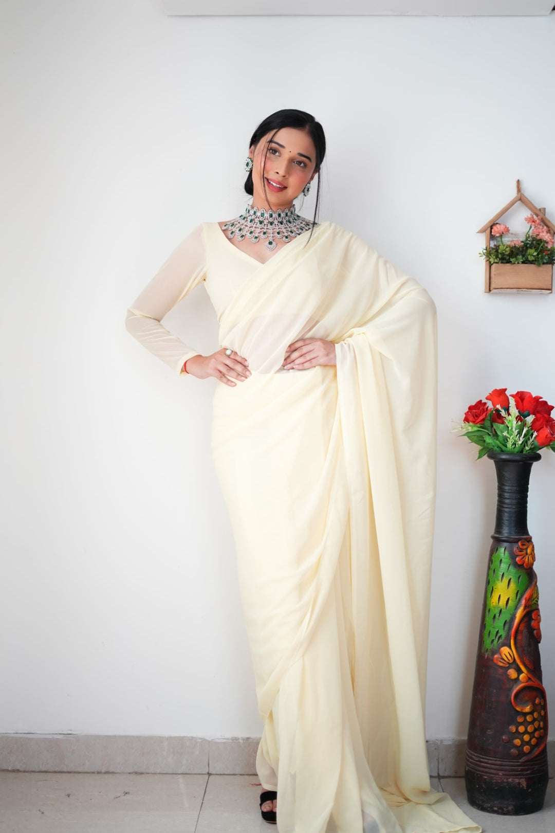 Stylish Georgette White Color Ready To Wear Saree