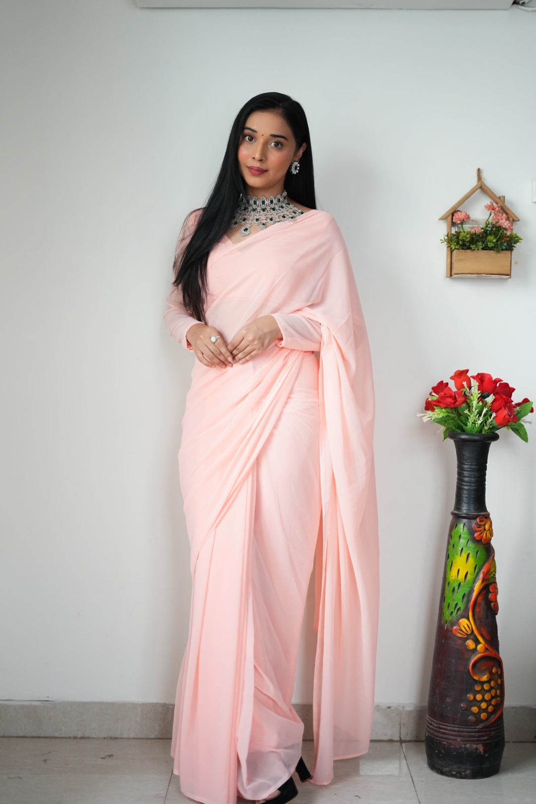 Stylish Georgette Pink Color Ready To Wear Saree